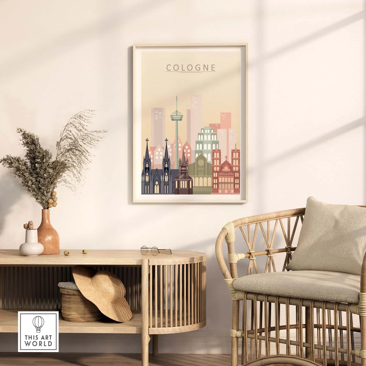 Cologne skyline print wall art displayed in a cozy living room setting with pastel tones and modern decor.