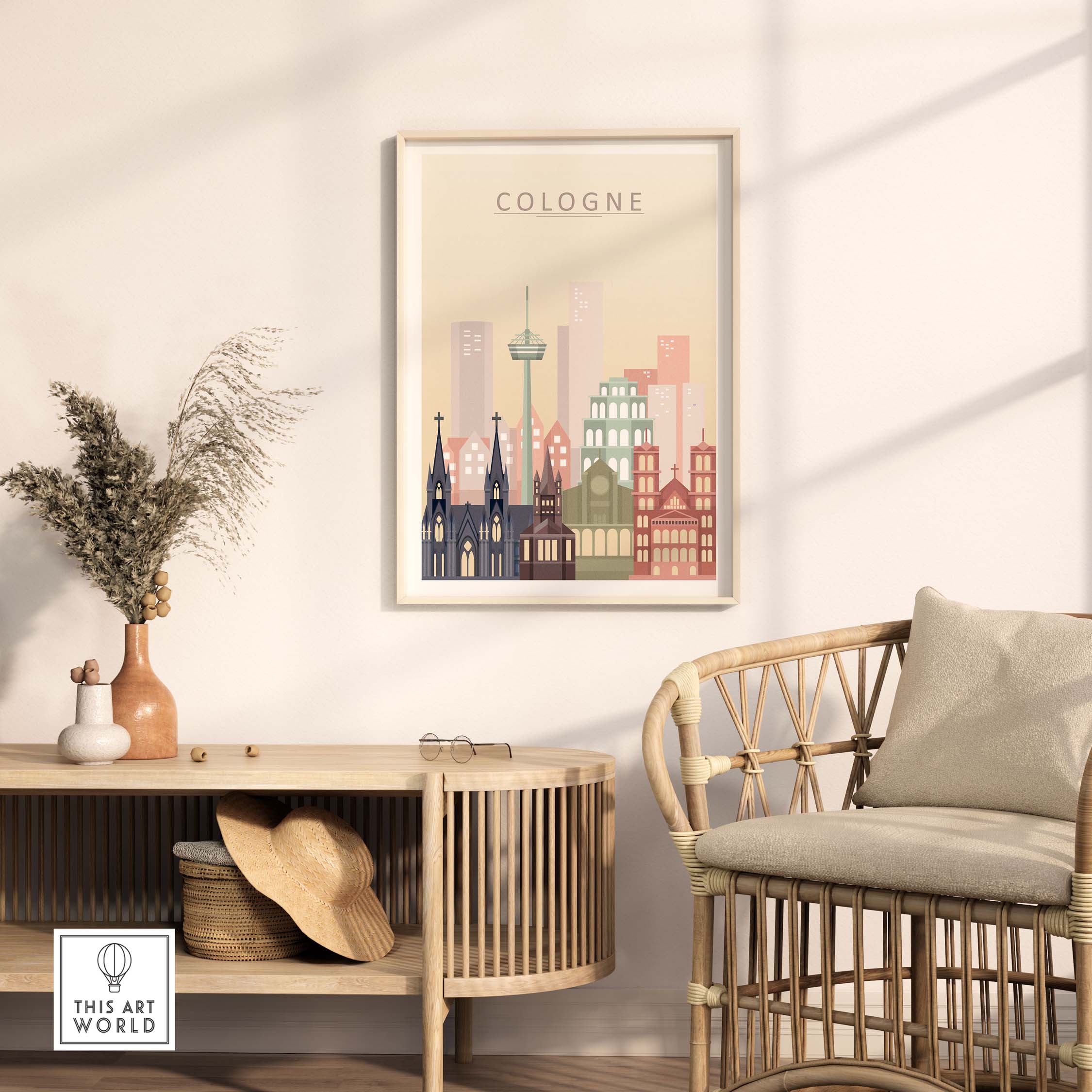 Cologne skyline print wall art displayed in a cozy living room setting with pastel tones and modern decor.