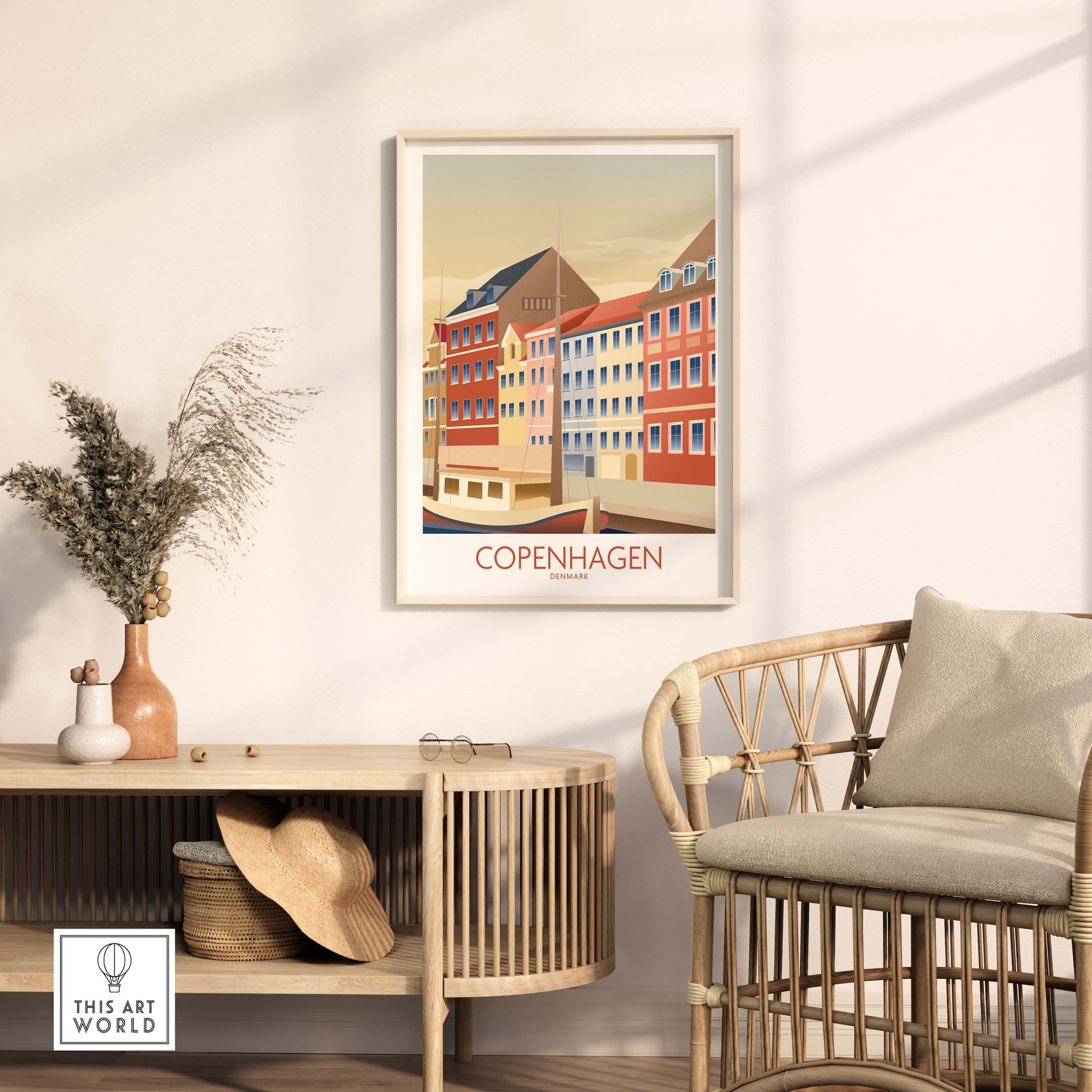 Framed Copenhagen Wall Art Denmark print displayed in a stylish living room setting with modern decor.