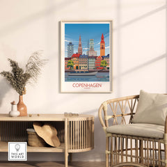 Copenhagen Wall Art Print in minimalist decor setting, showcasing colorful vintage-inspired design of Copenhagen landmarks.