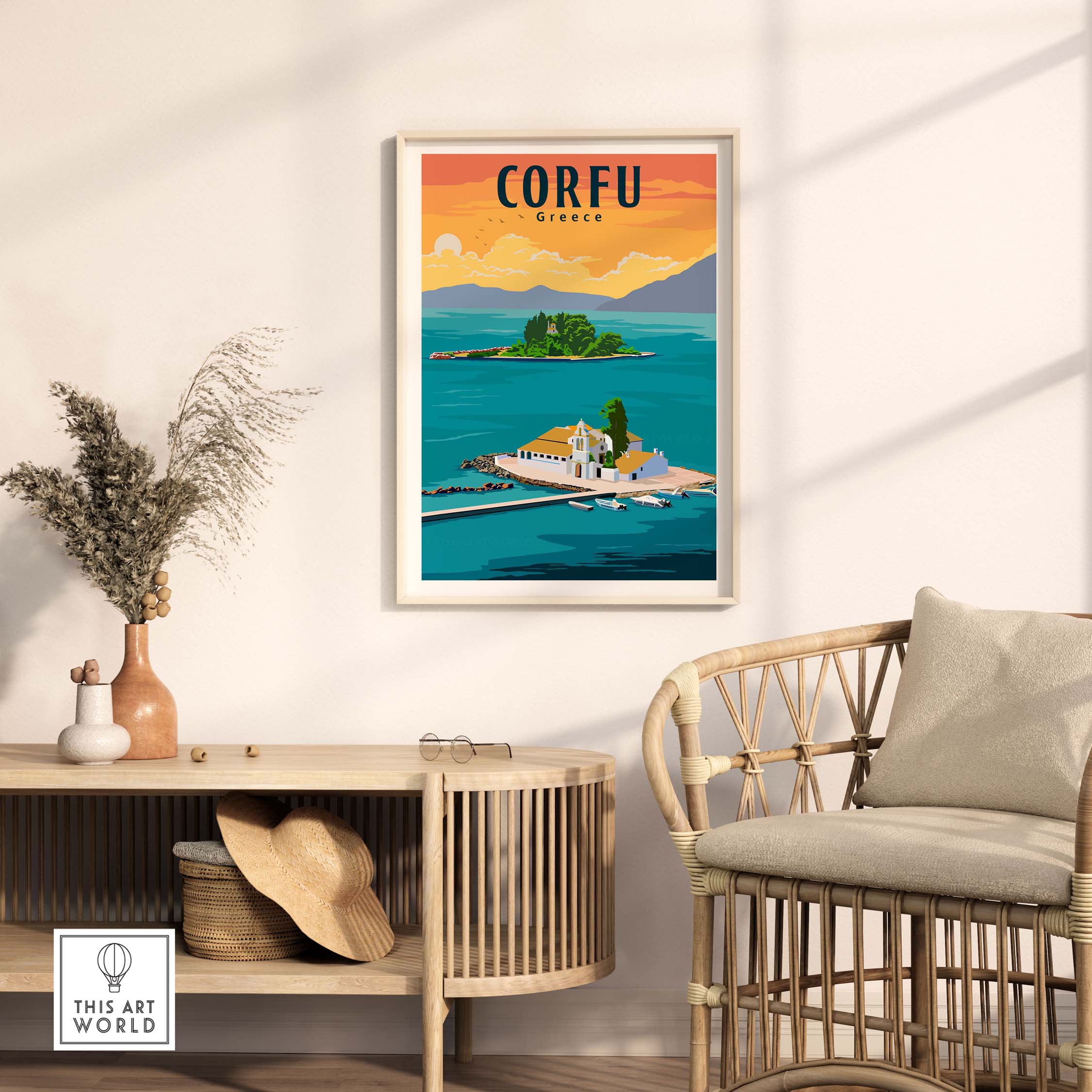 Corfu Print Greece Poster featuring a scenic coastal view, perfect for home or office wall art.