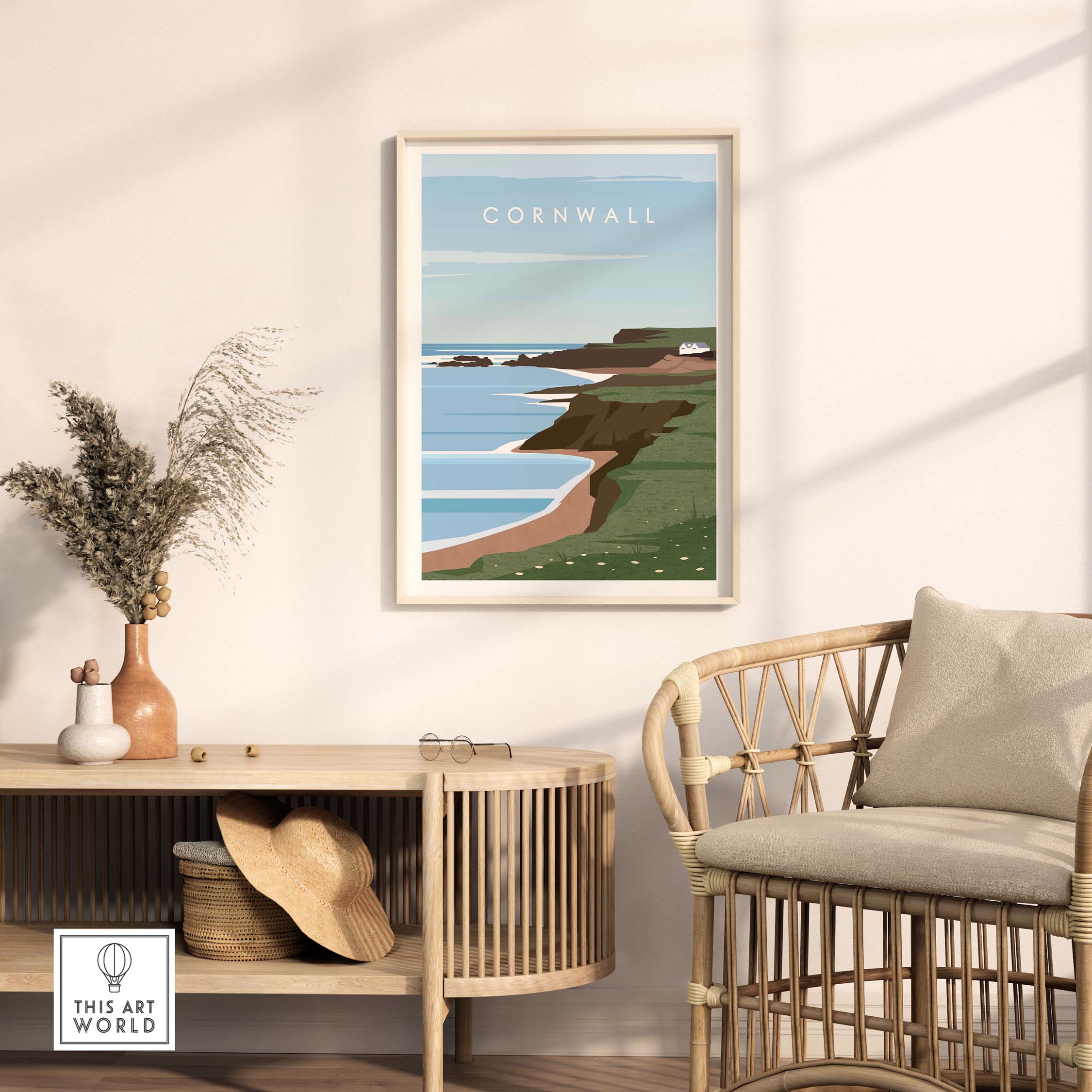 Cornwall Print Wall Art Poster displaying the Cornish coast in a stylish interior setting.