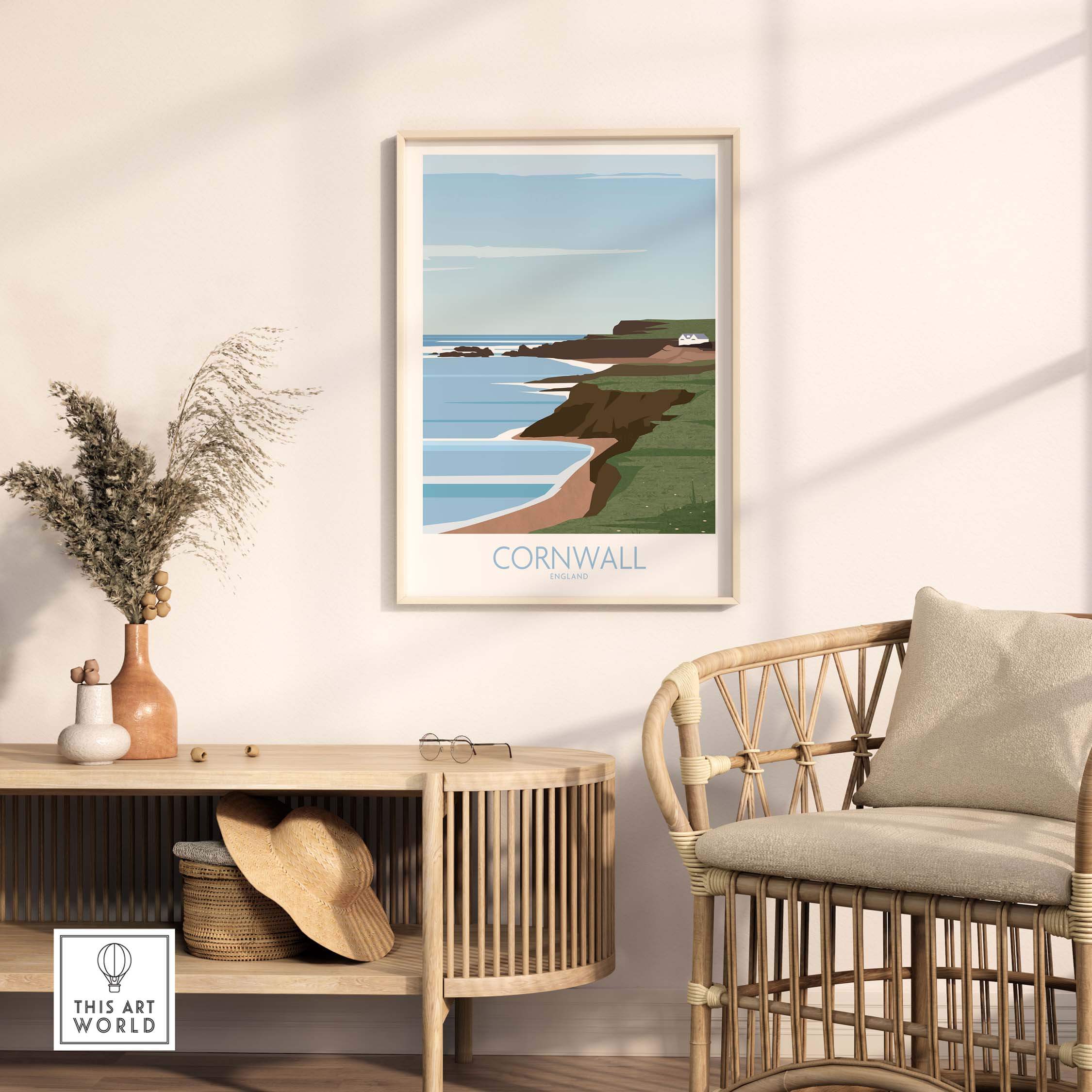 Cornwall Poster Print displayed in a chic living room setting, evoking travel nostalgia and coastal beauty.