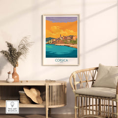 Vintage Corsica poster artwork displayed in a stylish home setting, evoking travel nostalgia and wanderlust.