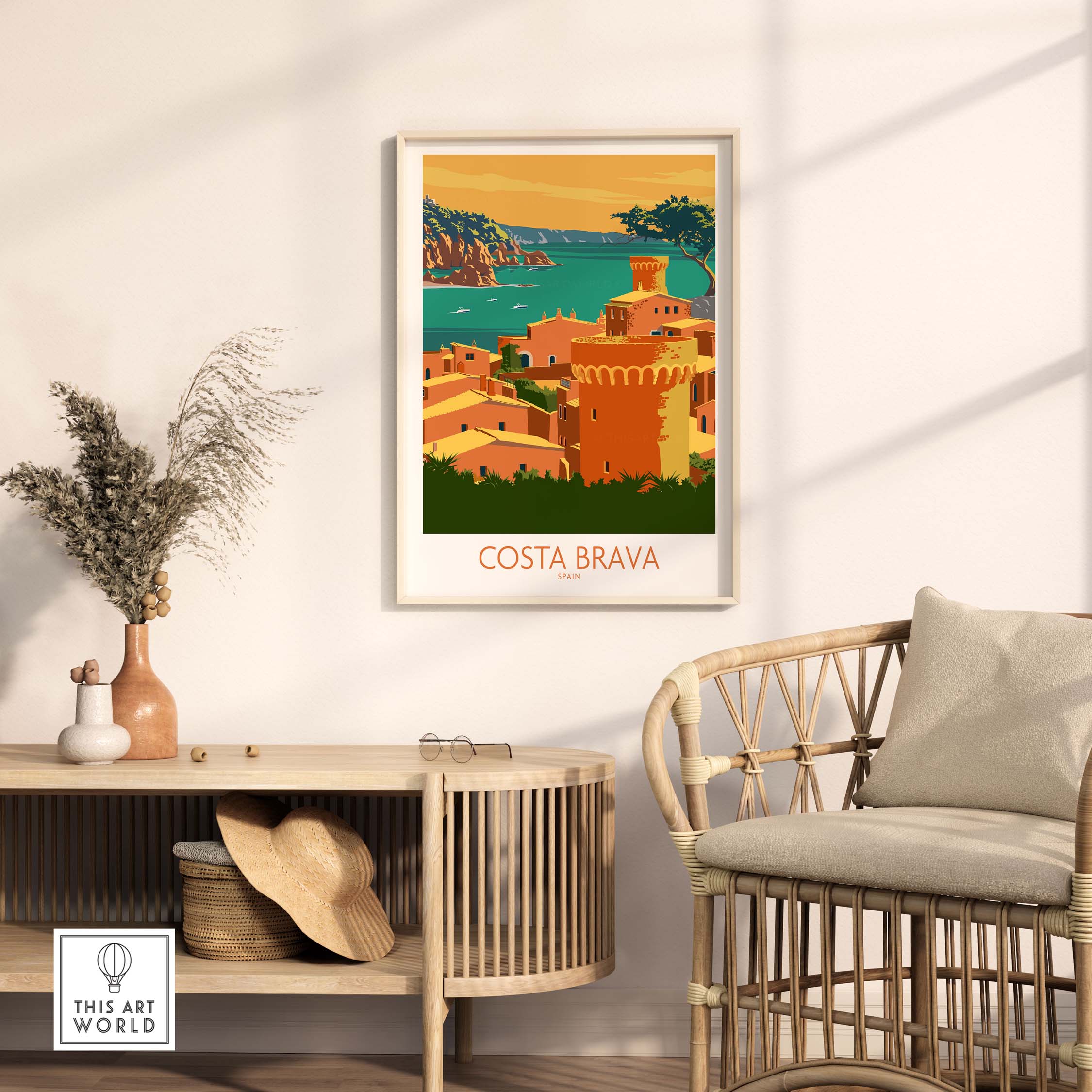Costa Brava poster showcasing coastal views and vintage style, perfect for stylish home decor.