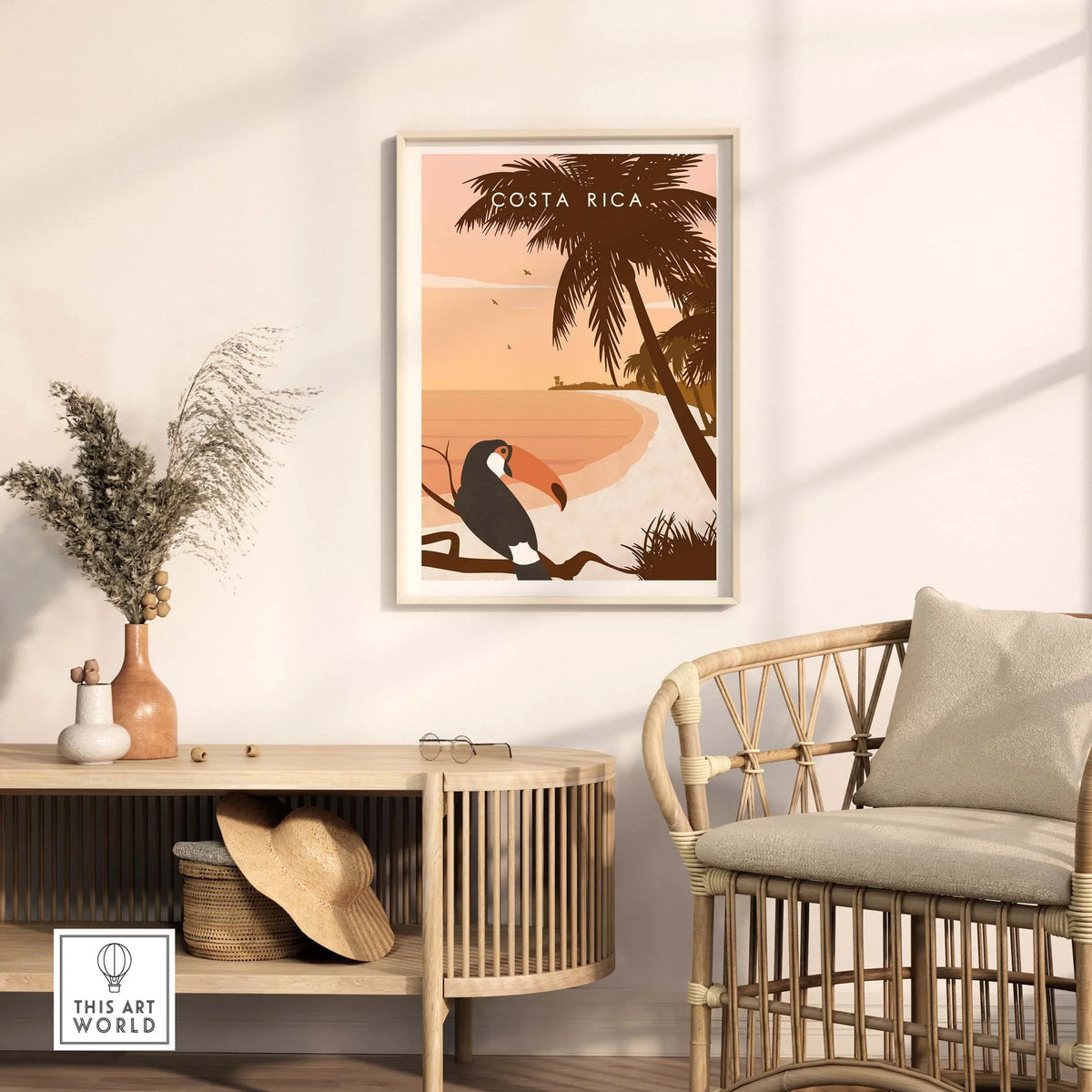 Costa Rica print wall art poster featuring a toucan and tropical scenery in a stylish living room setting.
