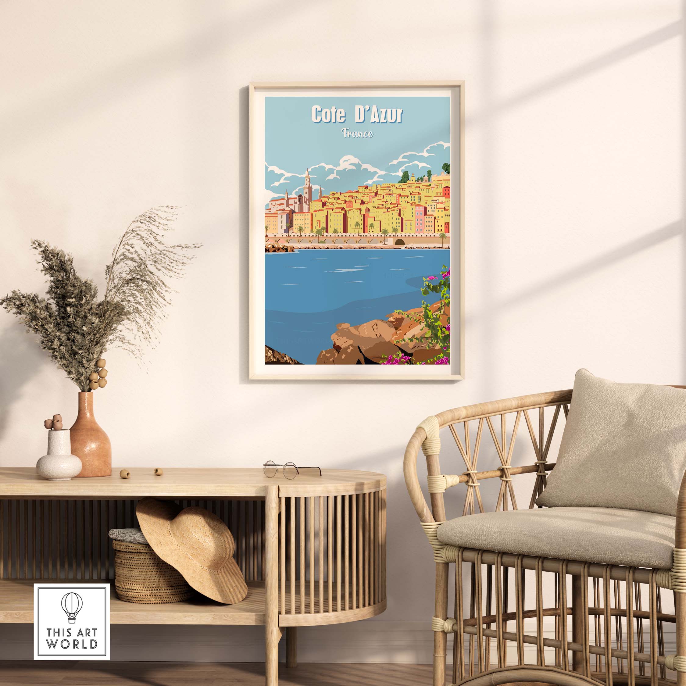 Cote d'Azur vintage travel poster print wall art displayed in a stylish interior setting.