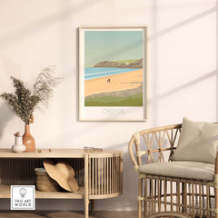 Croyde Beach print framed on wall, showcasing scenic Devon coastline and minimalist interior design.
