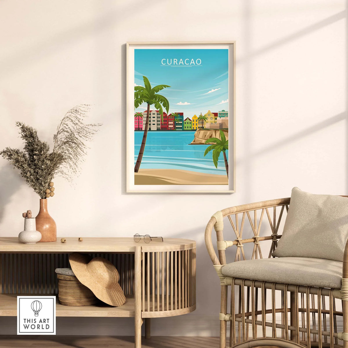 Curacao Poster Print featuring colorful houses and palm trees, perfect for travel-inspired decor in home or office.