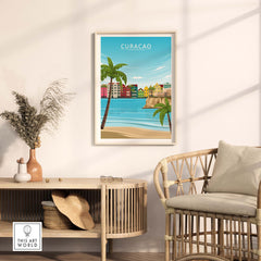 Curacao Poster Print featuring colorful houses and palm trees, perfect for travel-inspired decor in home or office.