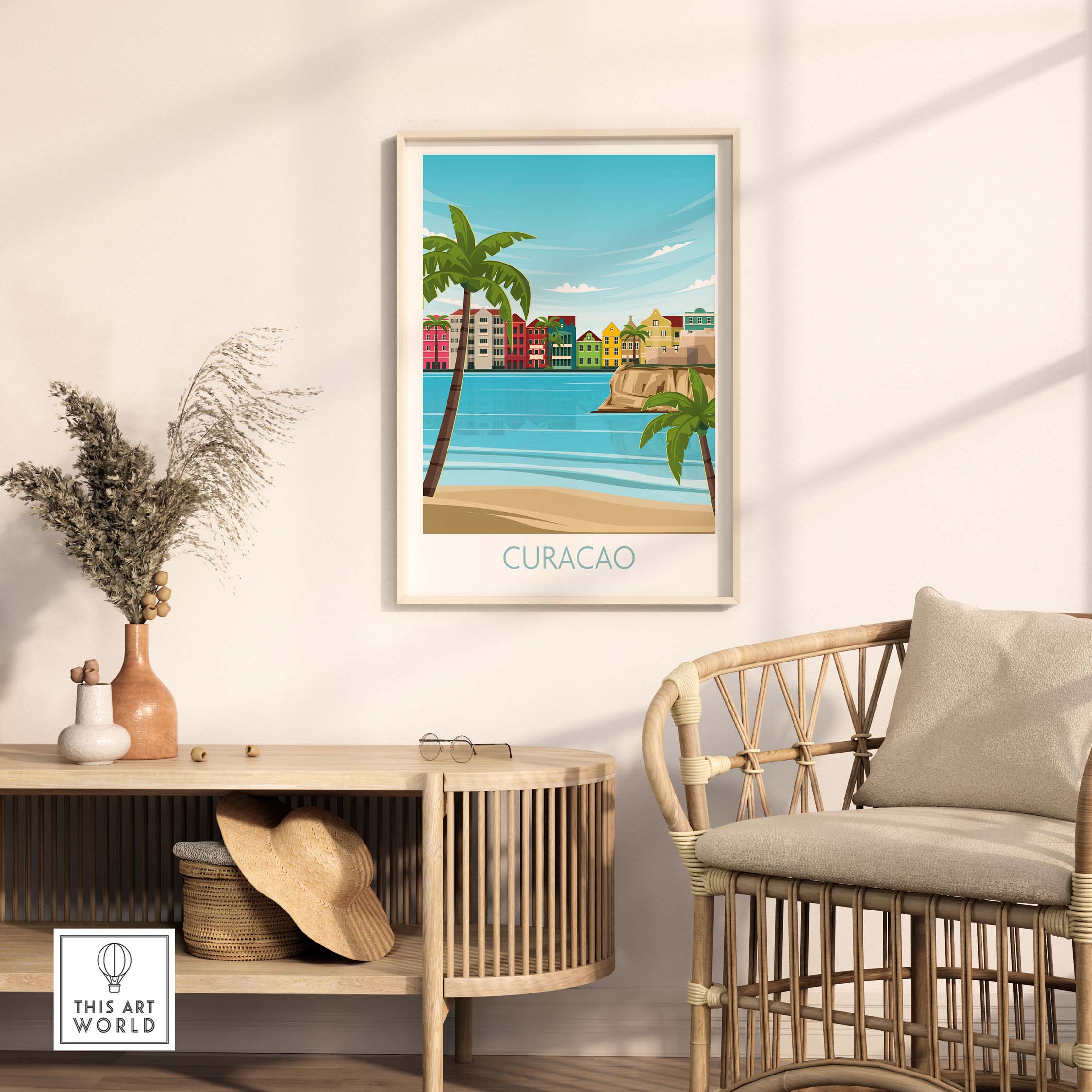 Curacao wall art travel poster displayed in a stylish living room with tropical decor and scenery.