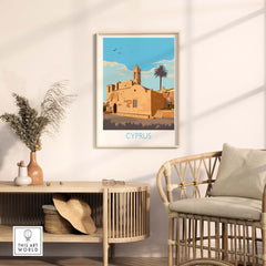 Cyprus Poster Print featuring a vintage-inspired design in a modern minimalist style, displayed in a cozy interior.