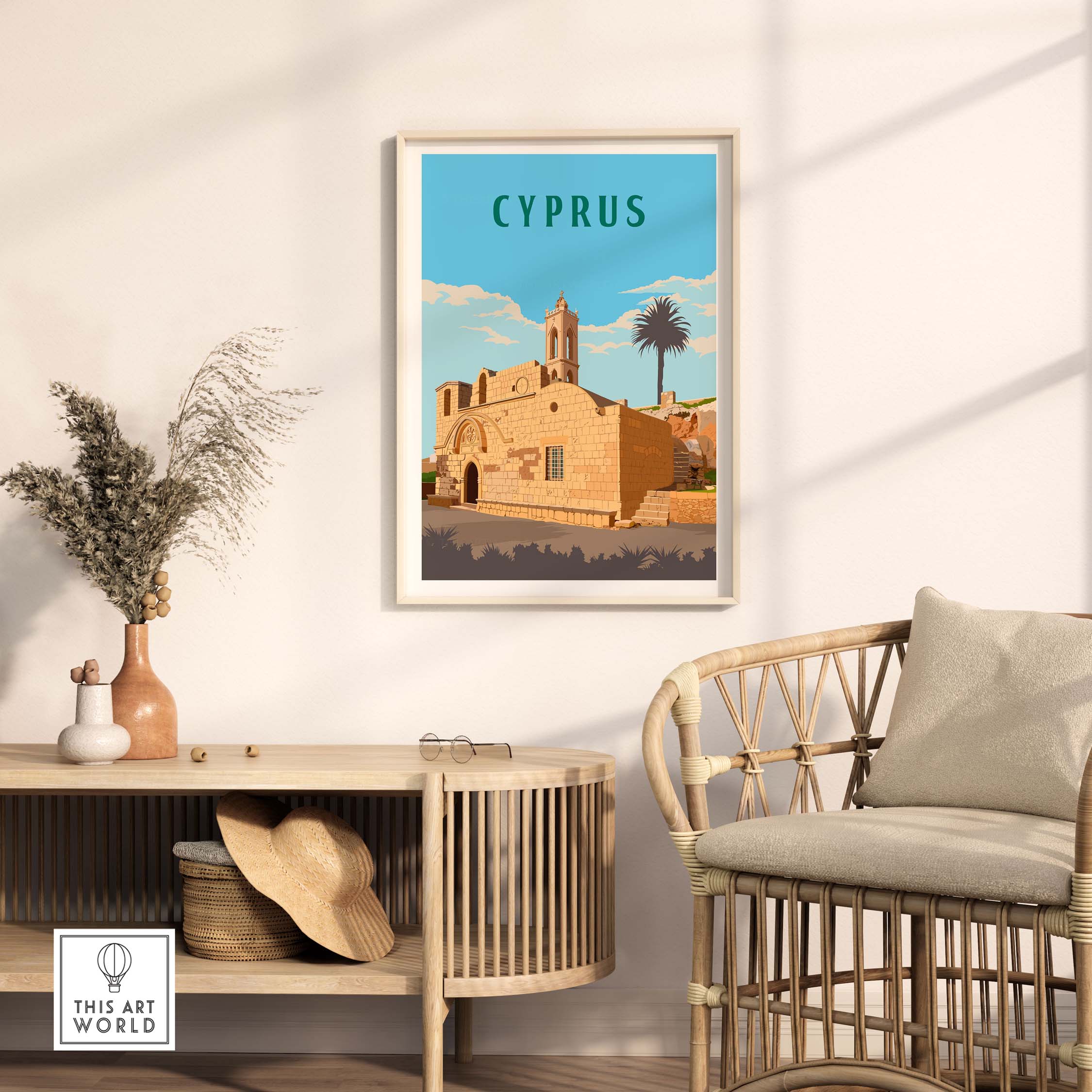 Cyprus vintage travel print in a minimalist frame on a wall, showcasing a historical building and palm trees.