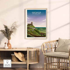 Dartmoor National Park Poster framed on wall, showcasing nature-inspired minimalist art for home decor.