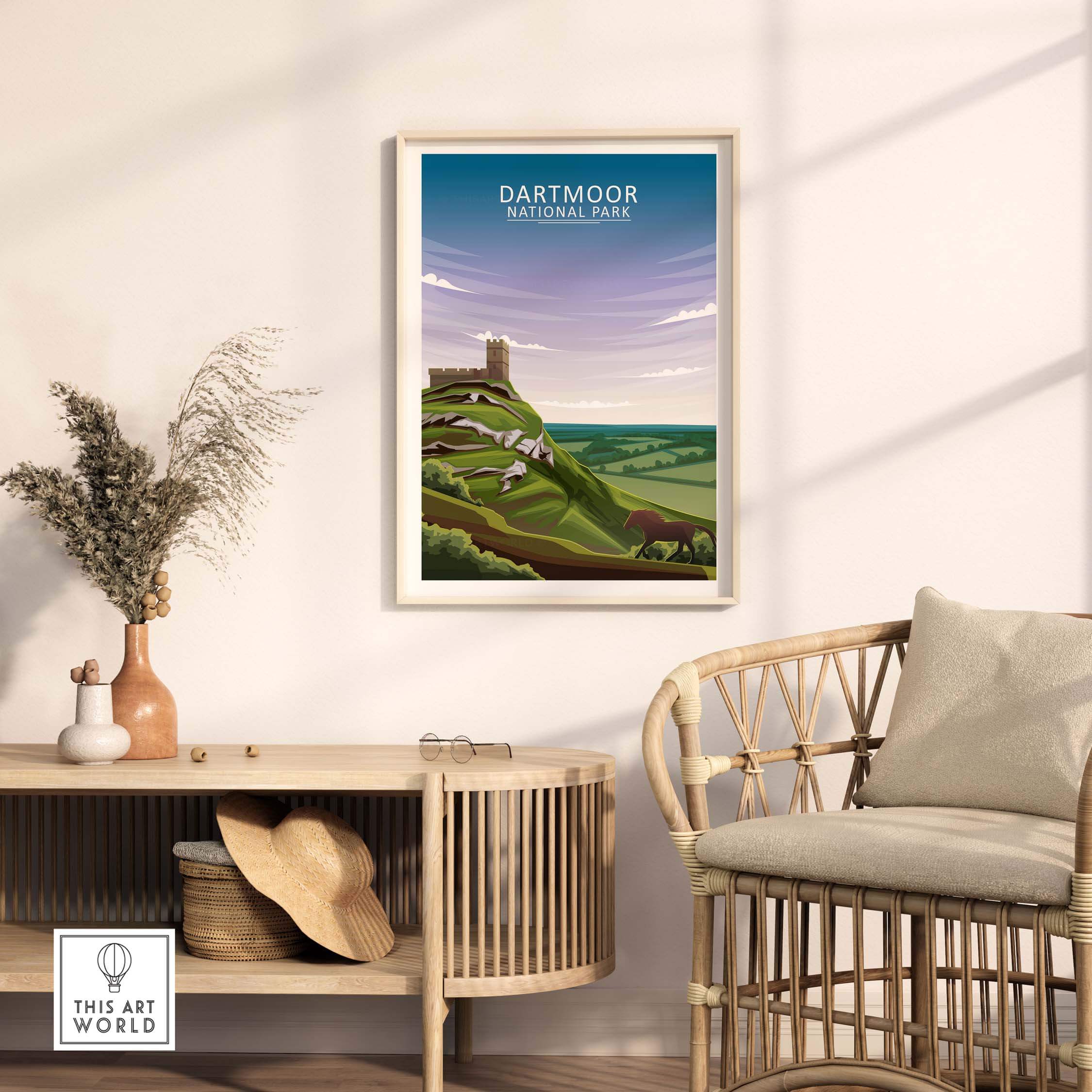 Dartmoor National Park Poster framed on wall, showcasing nature-inspired minimalist art for home decor.