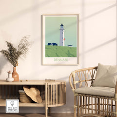 Framed Denmark Poster Print featuring a lighthouse, enhancing a stylish home interior with travel-themed art.