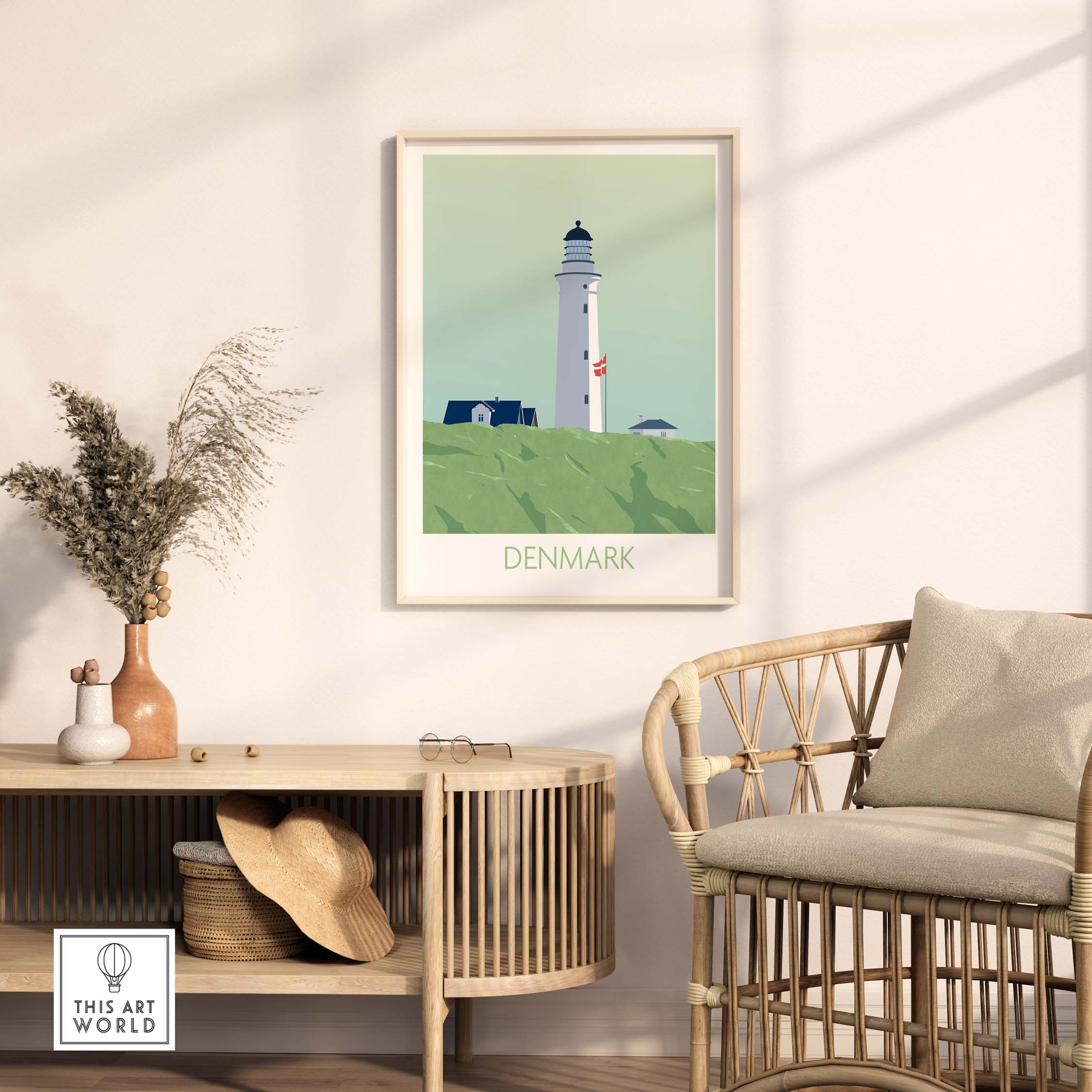 Framed Denmark Poster Print featuring a lighthouse, enhancing a stylish home interior with travel-themed art.