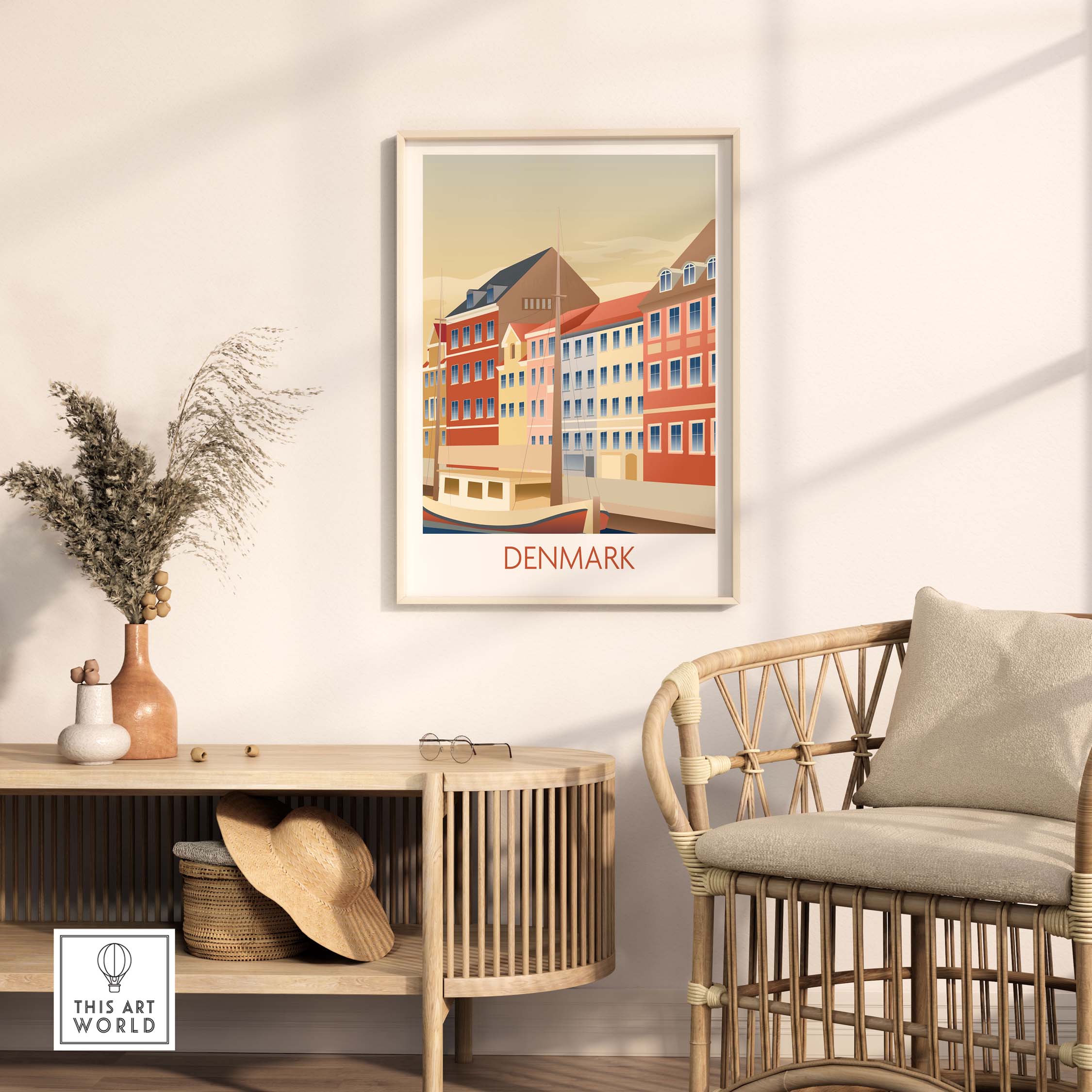 Denmark Poster Art Print showcasing colorful buildings in a minimalist design, displayed in a stylish interior setting.