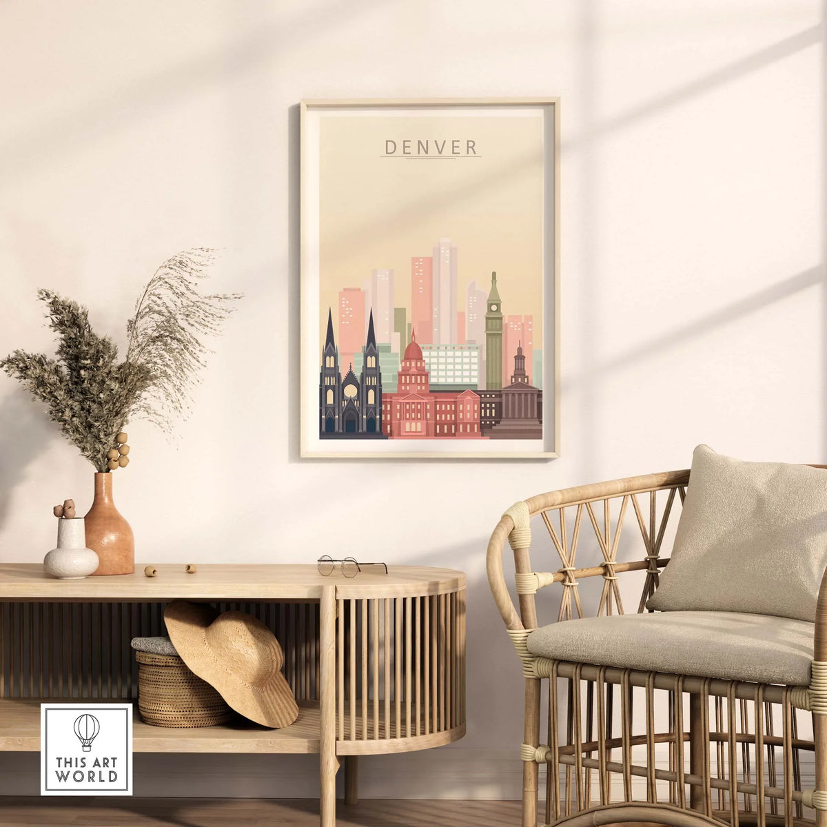 Denver skyline print featuring iconic architecture in warm pastel tones, displayed in a stylish living room setting.