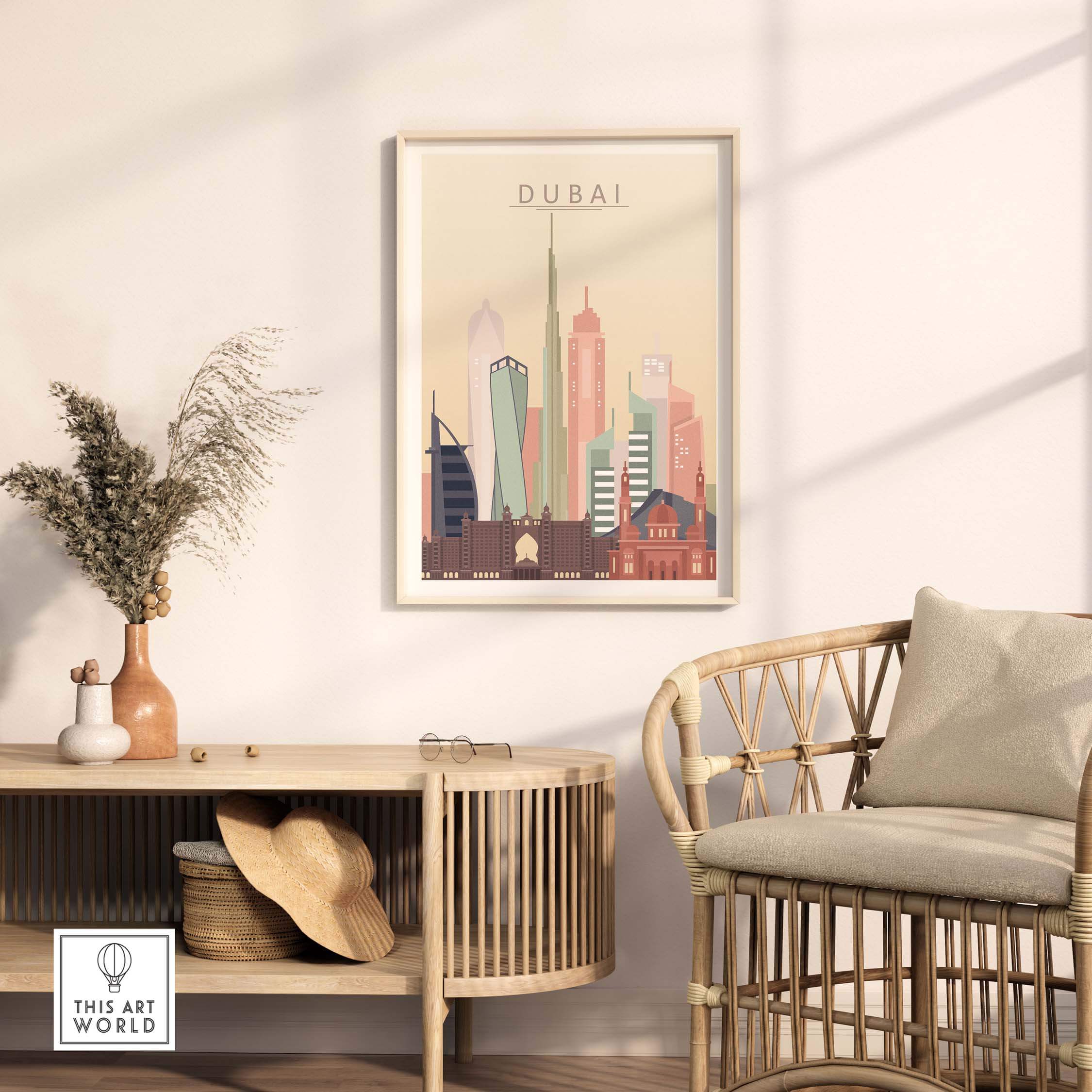 Dubai city skyline print in warm pastel tones, framed wall art for home or office decor.