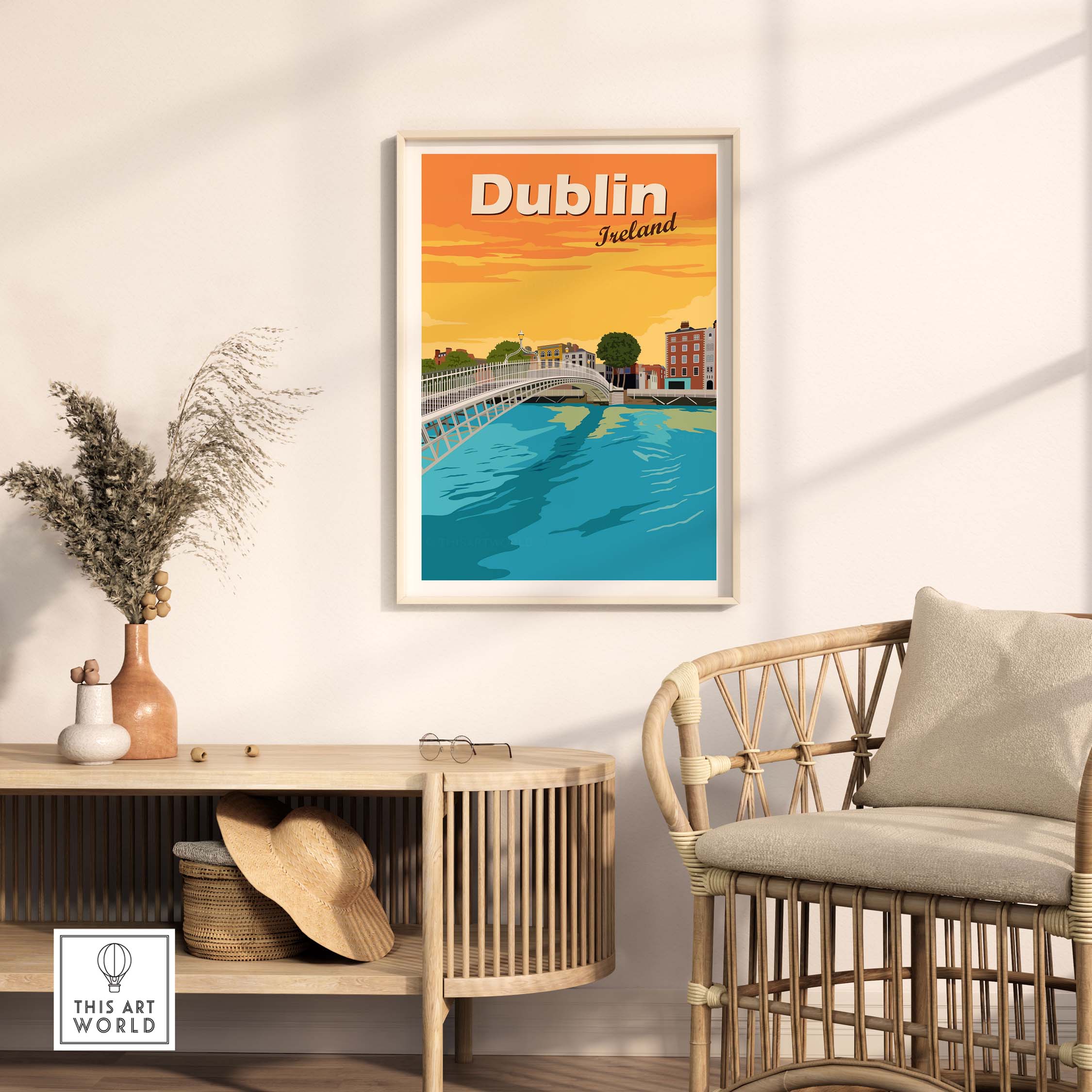 Vintage Dublin print poster showcasing a serene riverside scene in a stylish home decor setting.