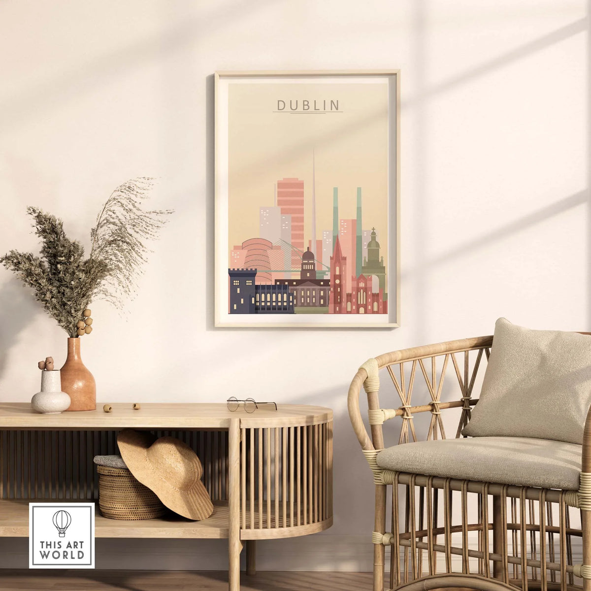 Dublin skyline wall art print in pastel tones displayed in a modern living room setting.