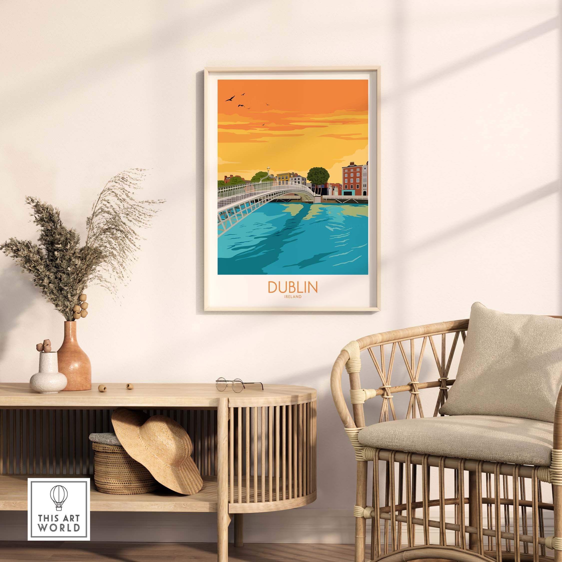 Dublin Print Ireland poster featuring Ha'penny Bridge and sunset, perfect for home or office decor.
