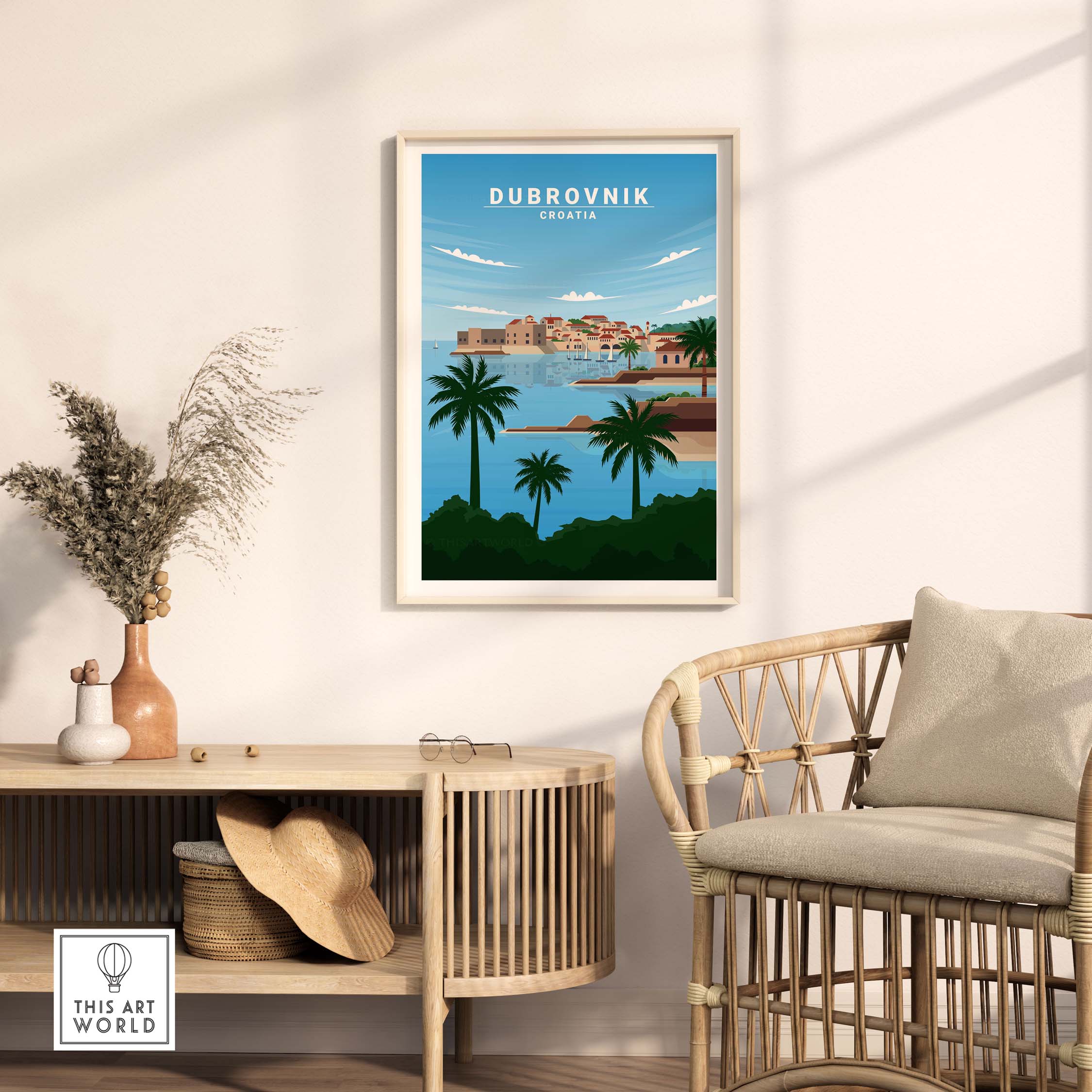 Dubrovnik Art Print Croatia poster in a stylish living room setting with plants and rattan furniture.