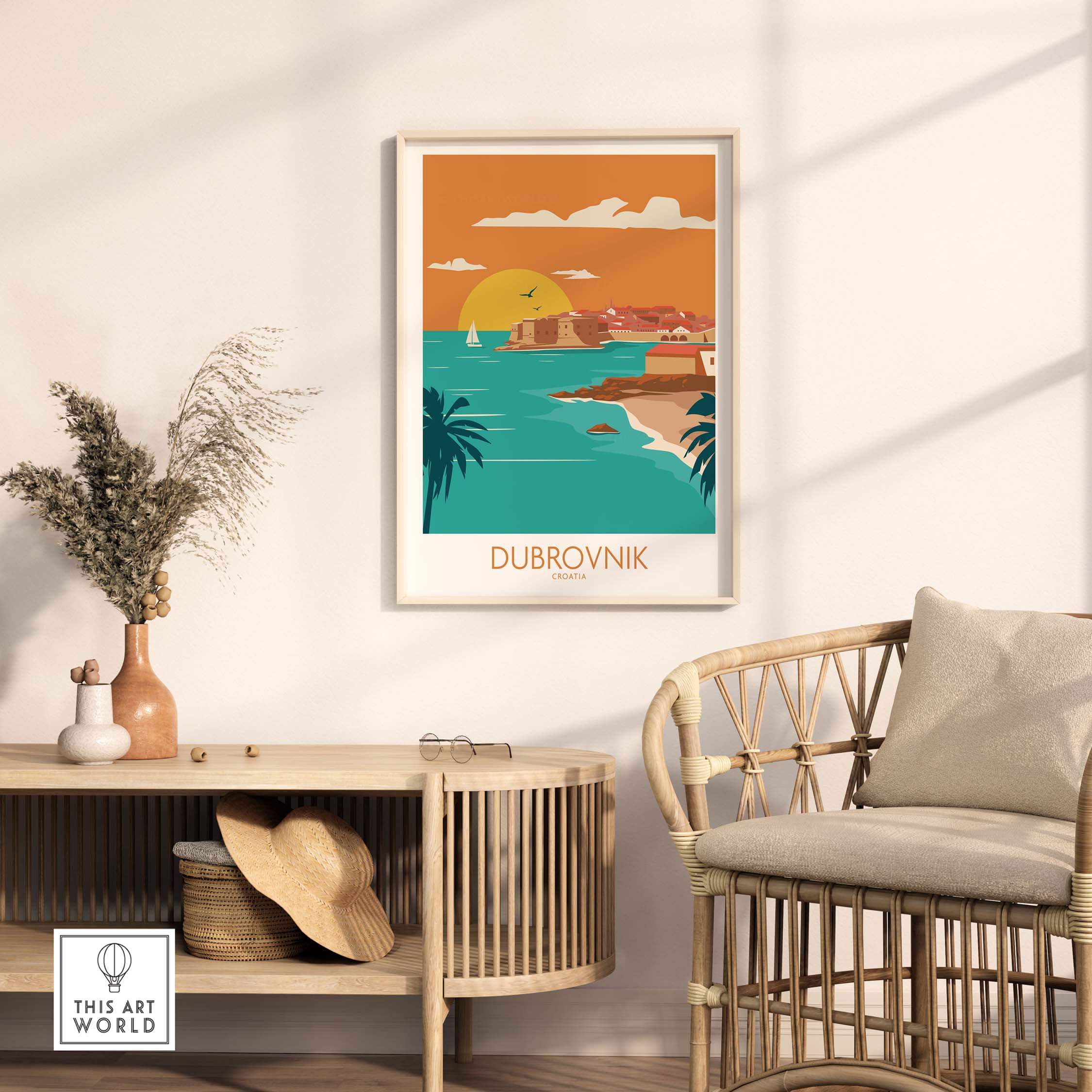Dubrovnik poster art print displayed in modern home decor, capturing vintage travel vibes and coastal beauty.