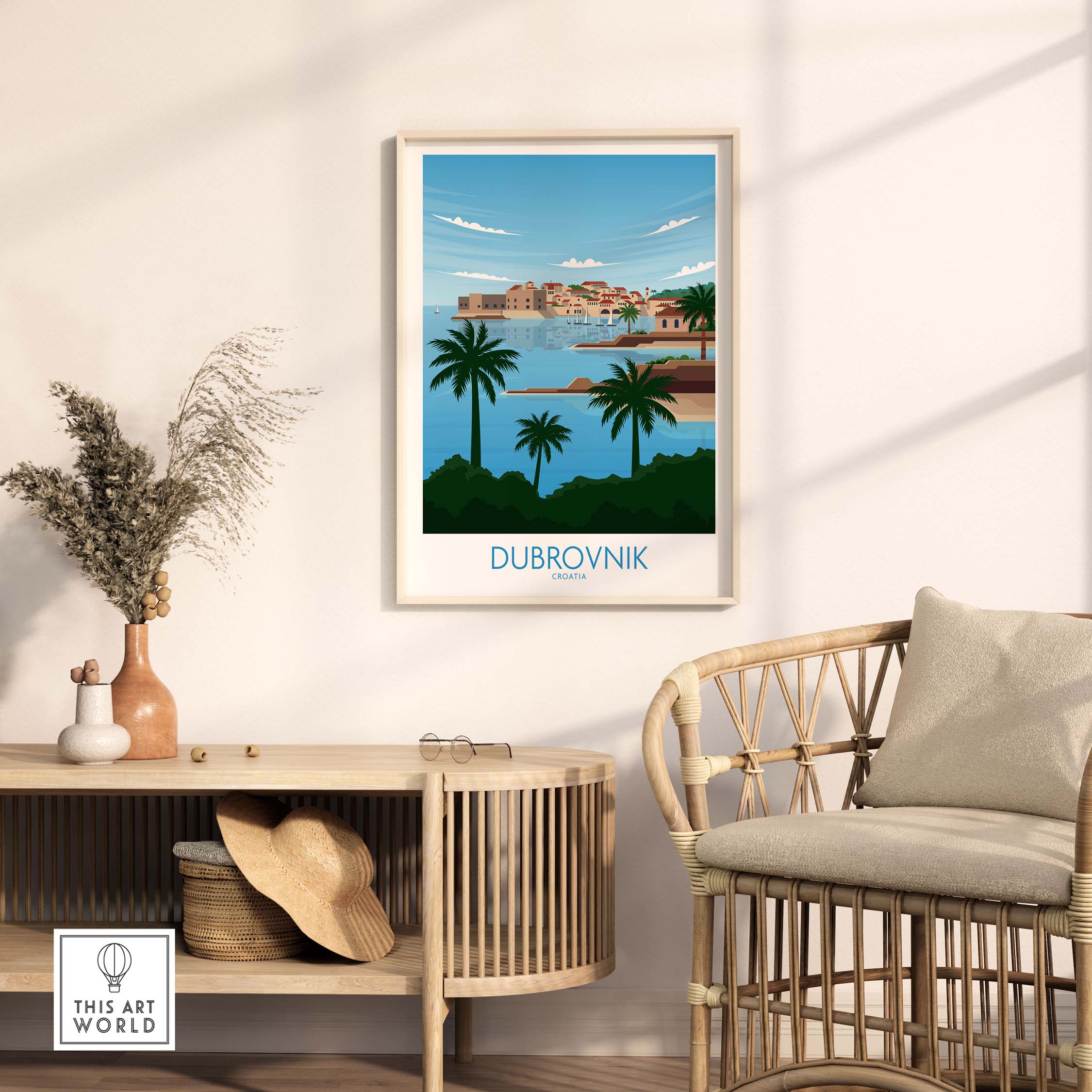 Dubrovnik Poster Art Fine Art Print in modern minimalist style, displayed in a stylish home setting with palm trees.