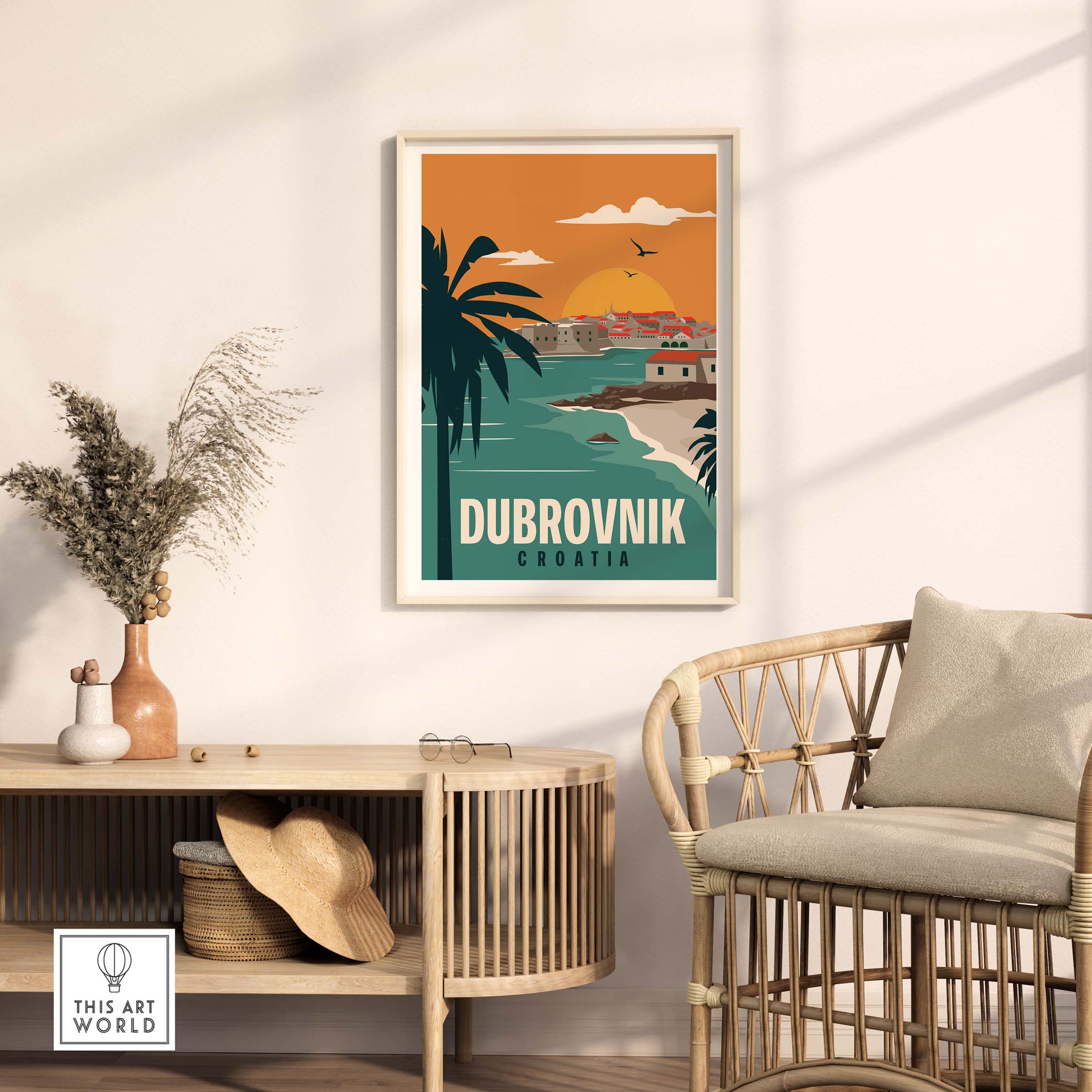 Dubrovnik Poster Wall Art Print featuring palm trees and coastal scenery for stylish home decor.