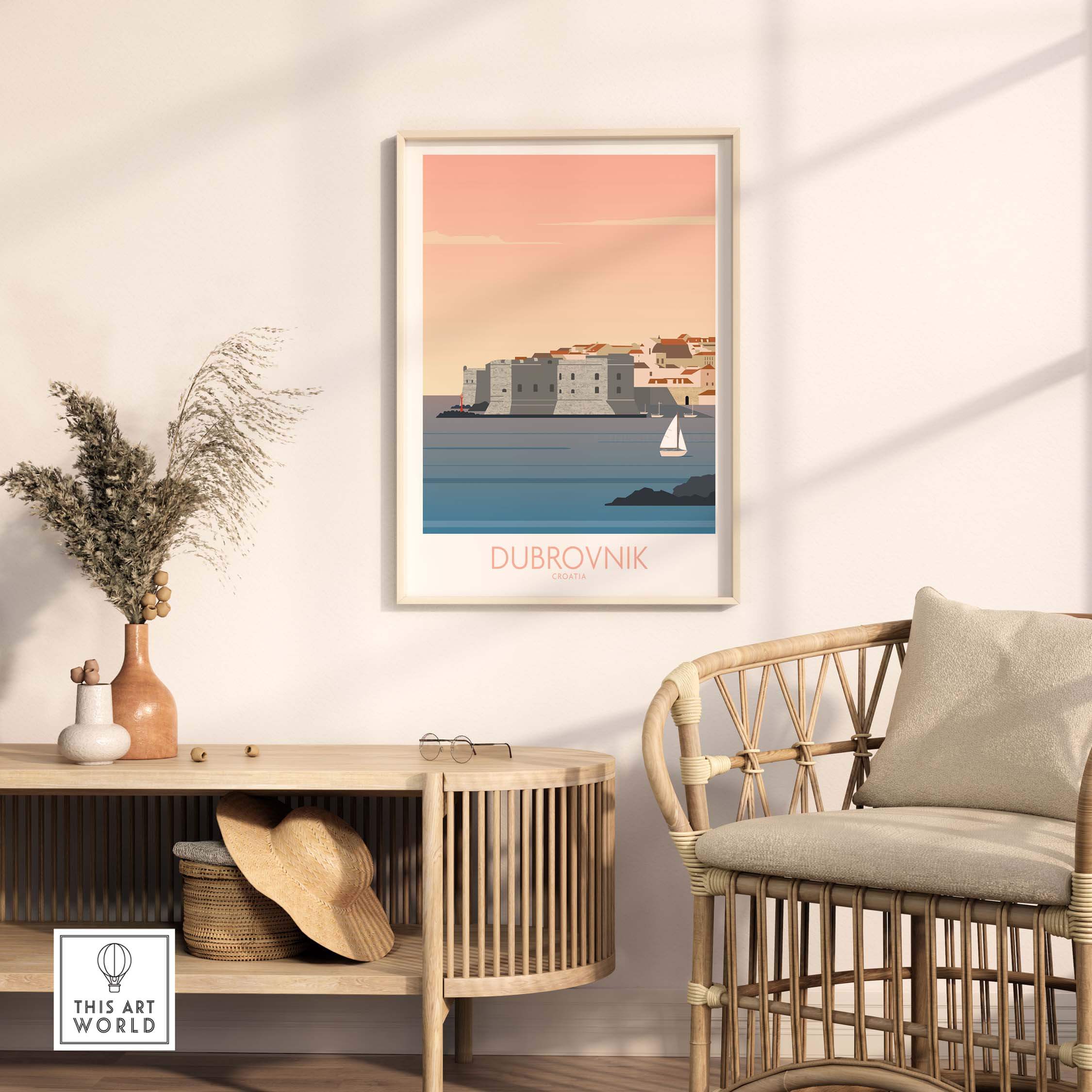 Dubrovnik Print Travel Poster in stylish interior setting, showcasing vintage-inspired wall art.