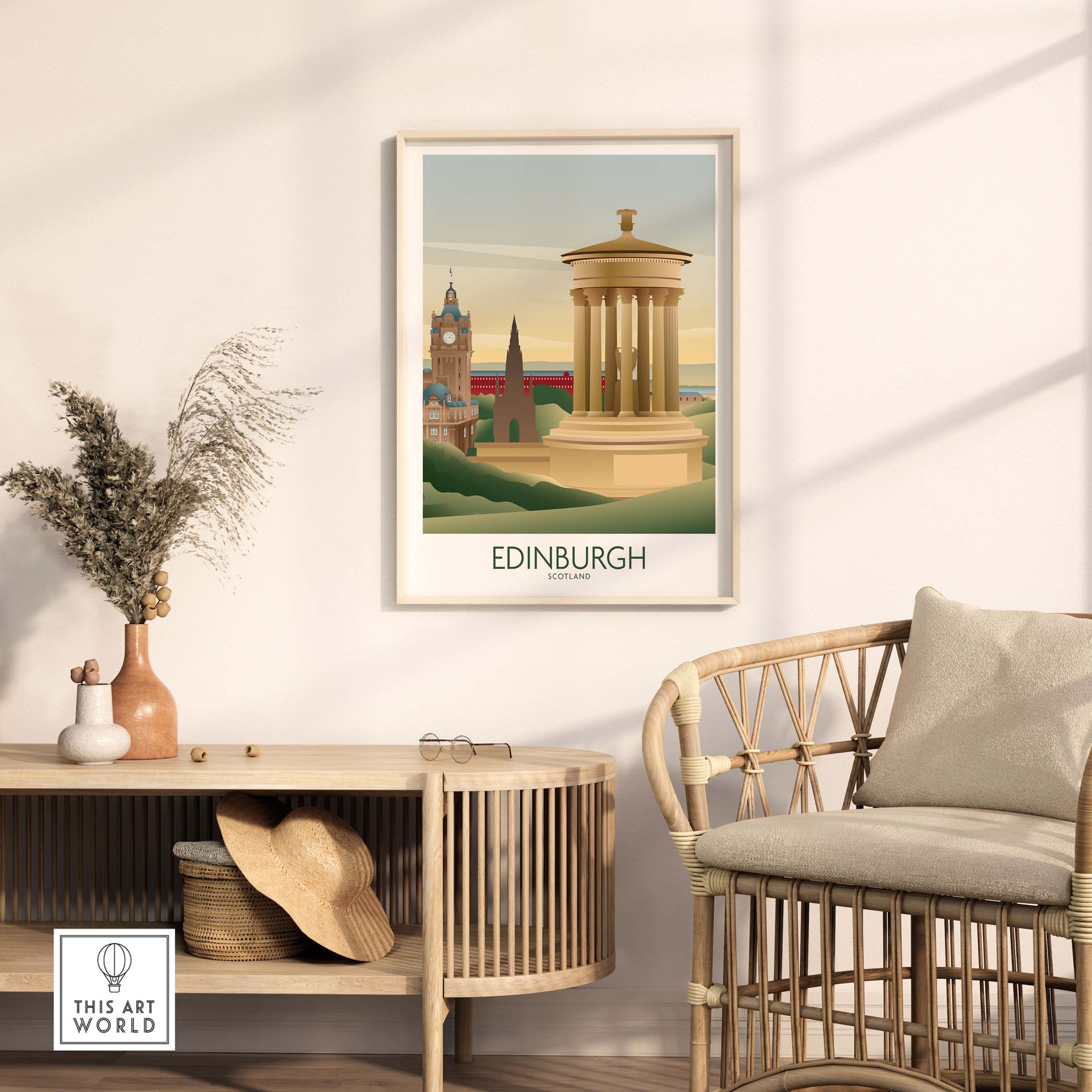Edinburgh wall art print displayed in a stylish interior setting, featuring vintage-inspired design elements.