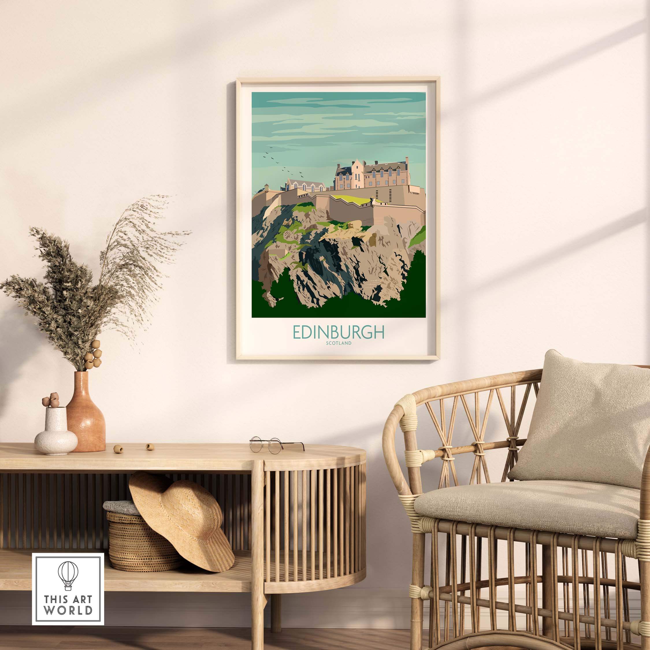 Edinburgh print travel poster featuring Edinburgh Castle, stylish wall art for home or office decor.
