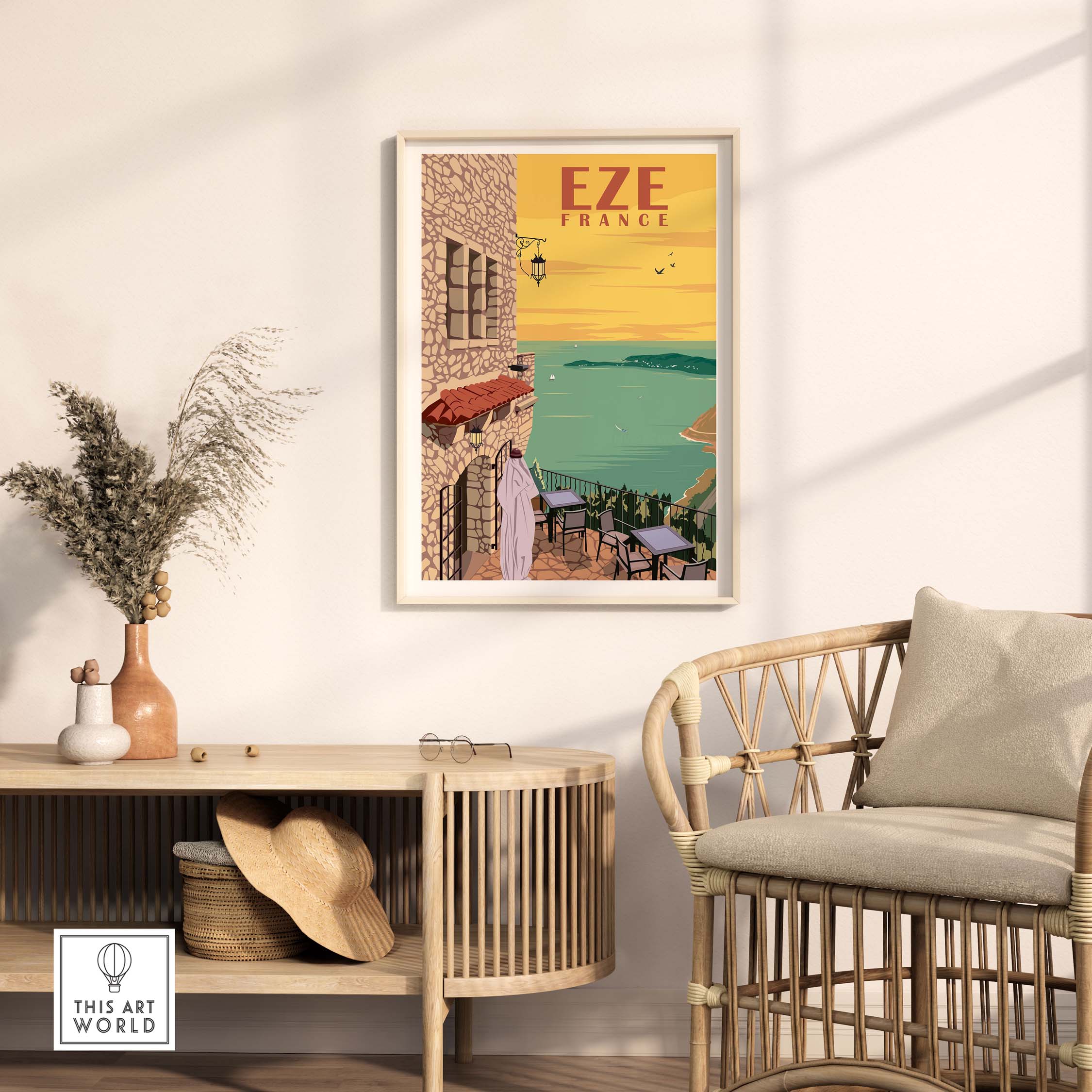 Eze France poster print displayed on a wall, capturing the essence of Cote d'Azur travel art for home decor.