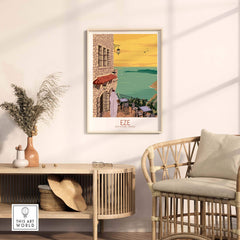 Eze Print France Travel Poster art displayed in a stylish home setting, featuring coastal views and vintage design.