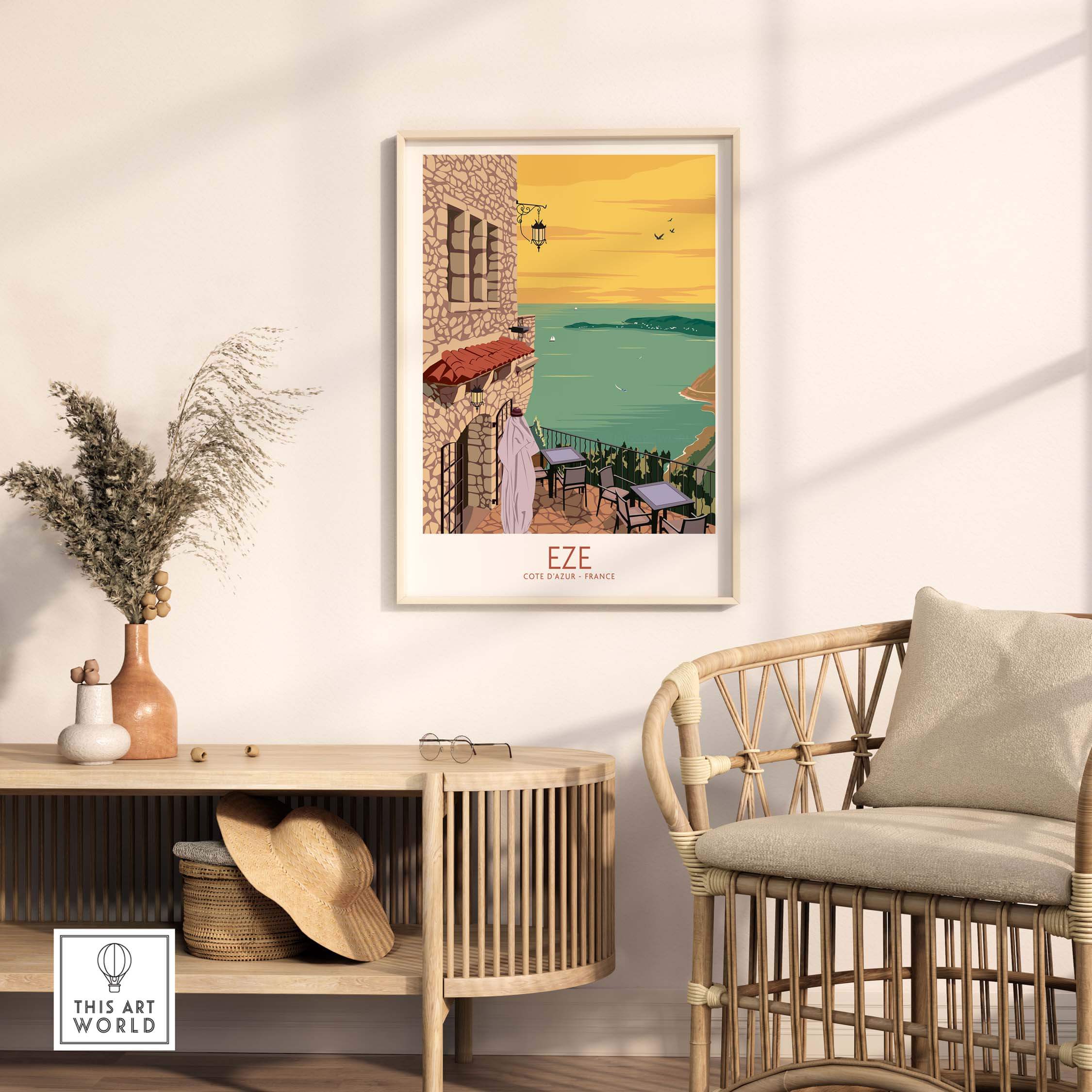 Eze Print France Travel Poster art displayed in a stylish home setting, featuring coastal views and vintage design.