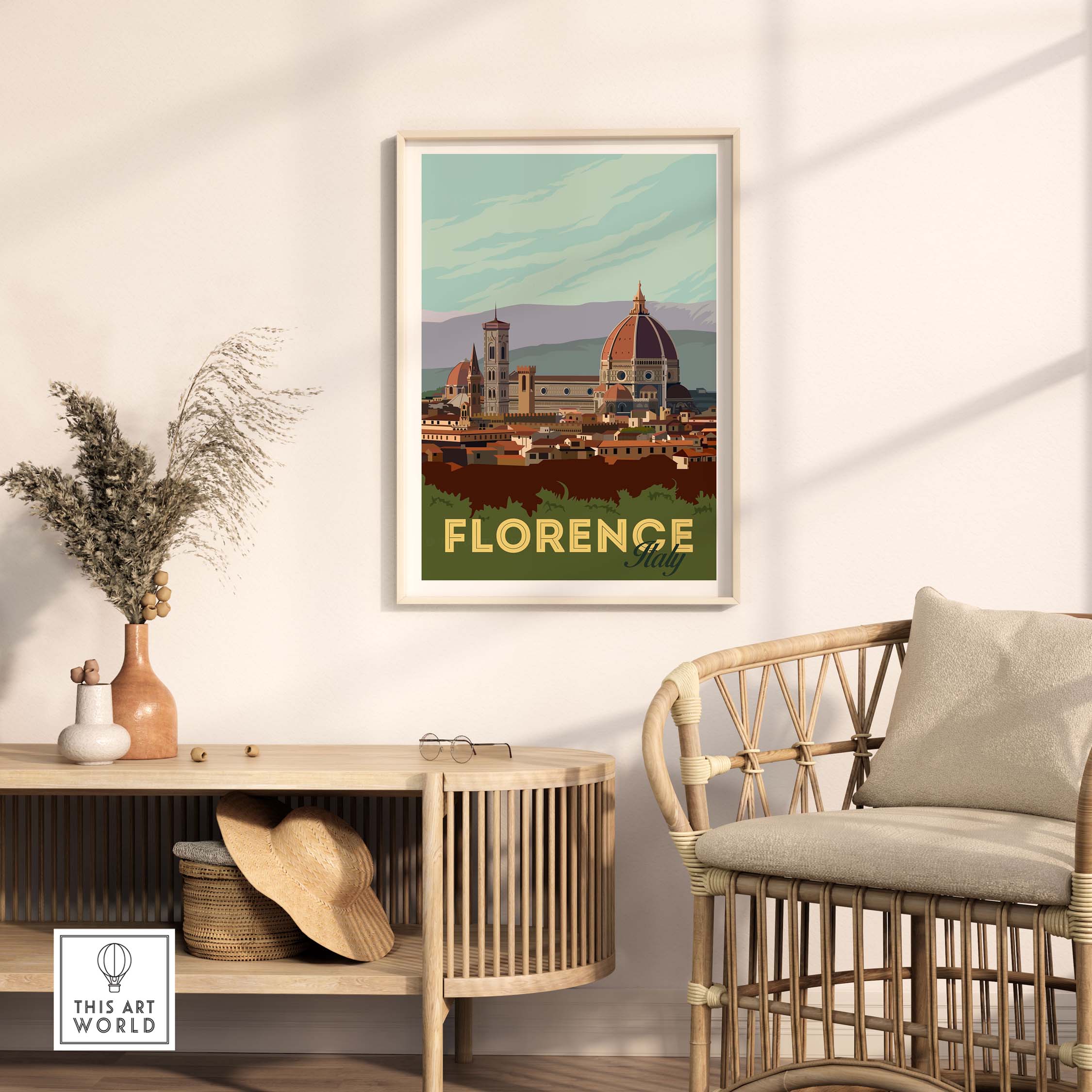 Vintage Florence wall art poster featuring iconic landmarks, perfect for home or office decor.