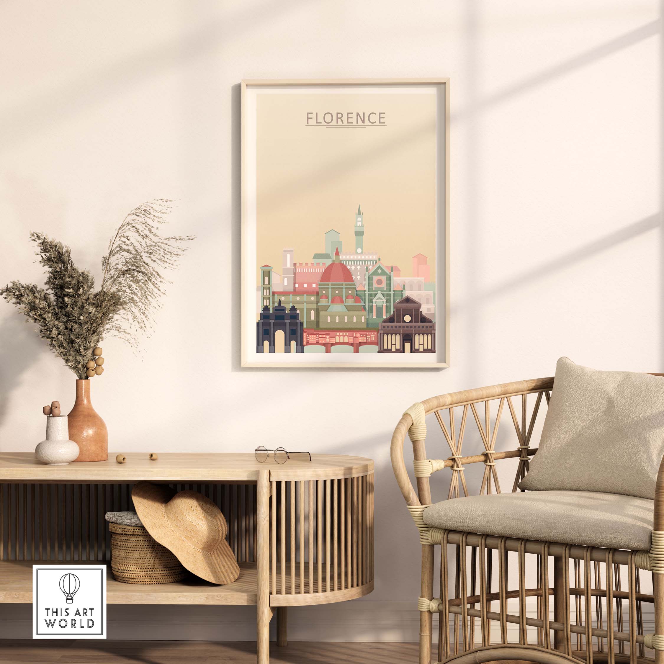 Florence Skyline Print framed in a modern living room, showcasing Italy's iconic architecture in pastel tones.