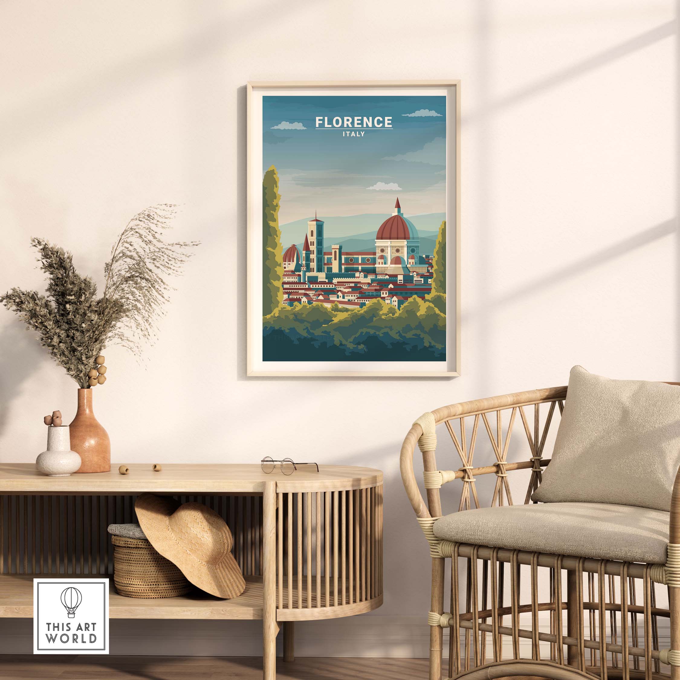Florence Wall Art Print depicting iconic landmarks of Italy in a stylish minimalist design, framed for home decor.
