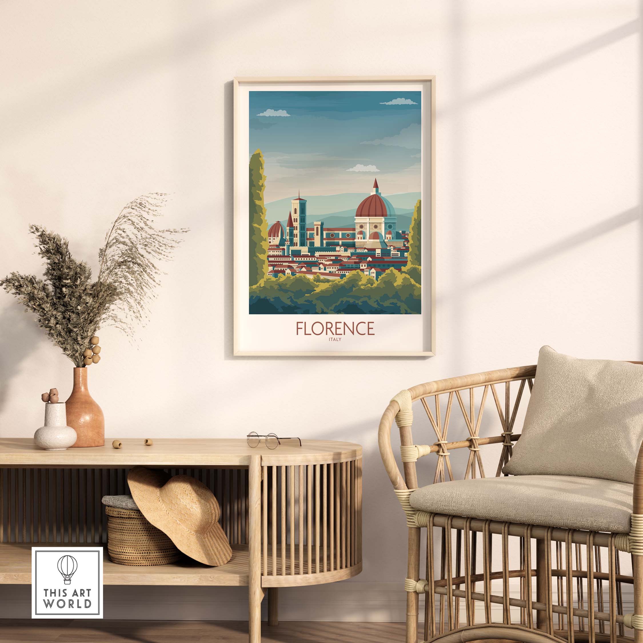 Florence poster art print showcasing a vintage-style view of the city, framed and displayed in a modern home setting.