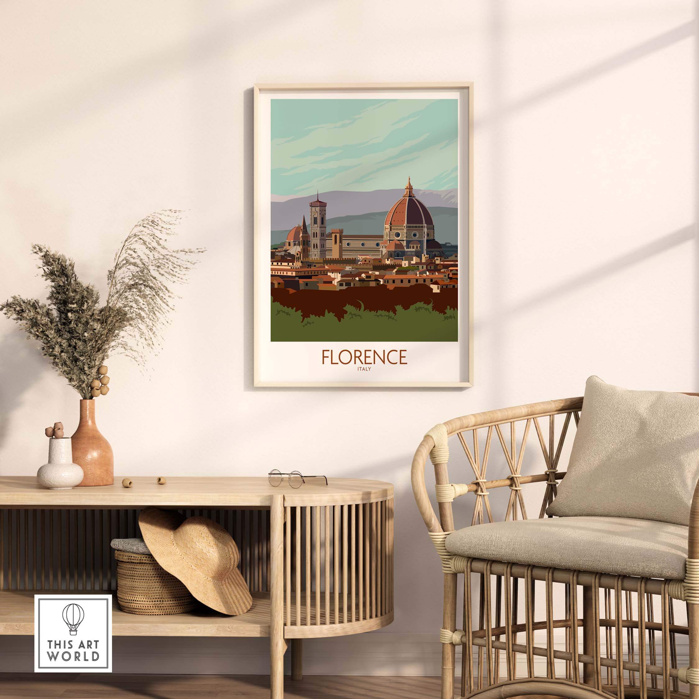 Florence Italy travel poster art print showcasing iconic city landscape in stylish home decor setting.