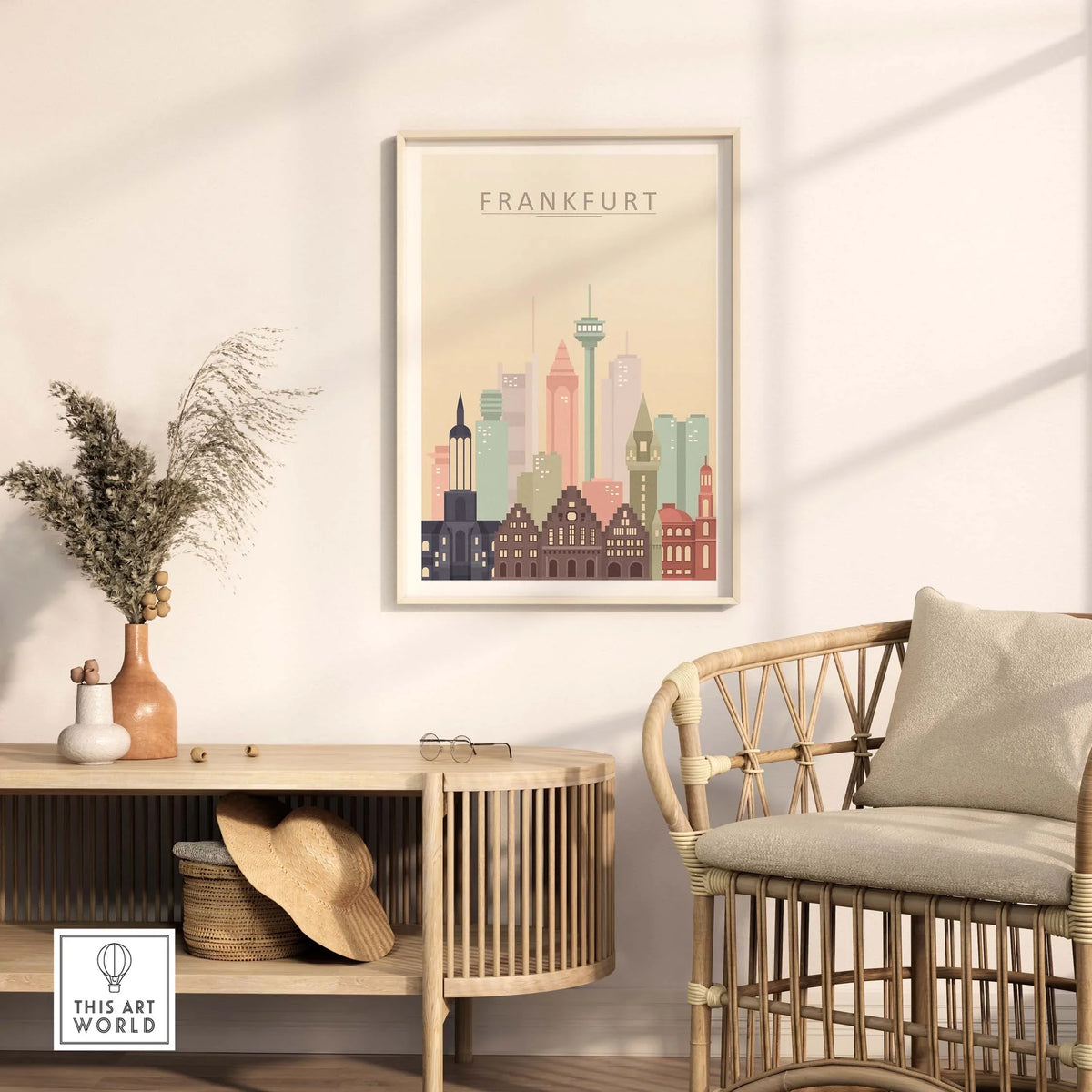 Frankfurt skyline print wall art in pastel tones framed on a wall, styled with natural decor in a cozy living space.