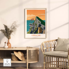 Gibraltar Travel Poster Art Print displayed in a stylish living room setting, showcasing vibrant colors and vintage design.