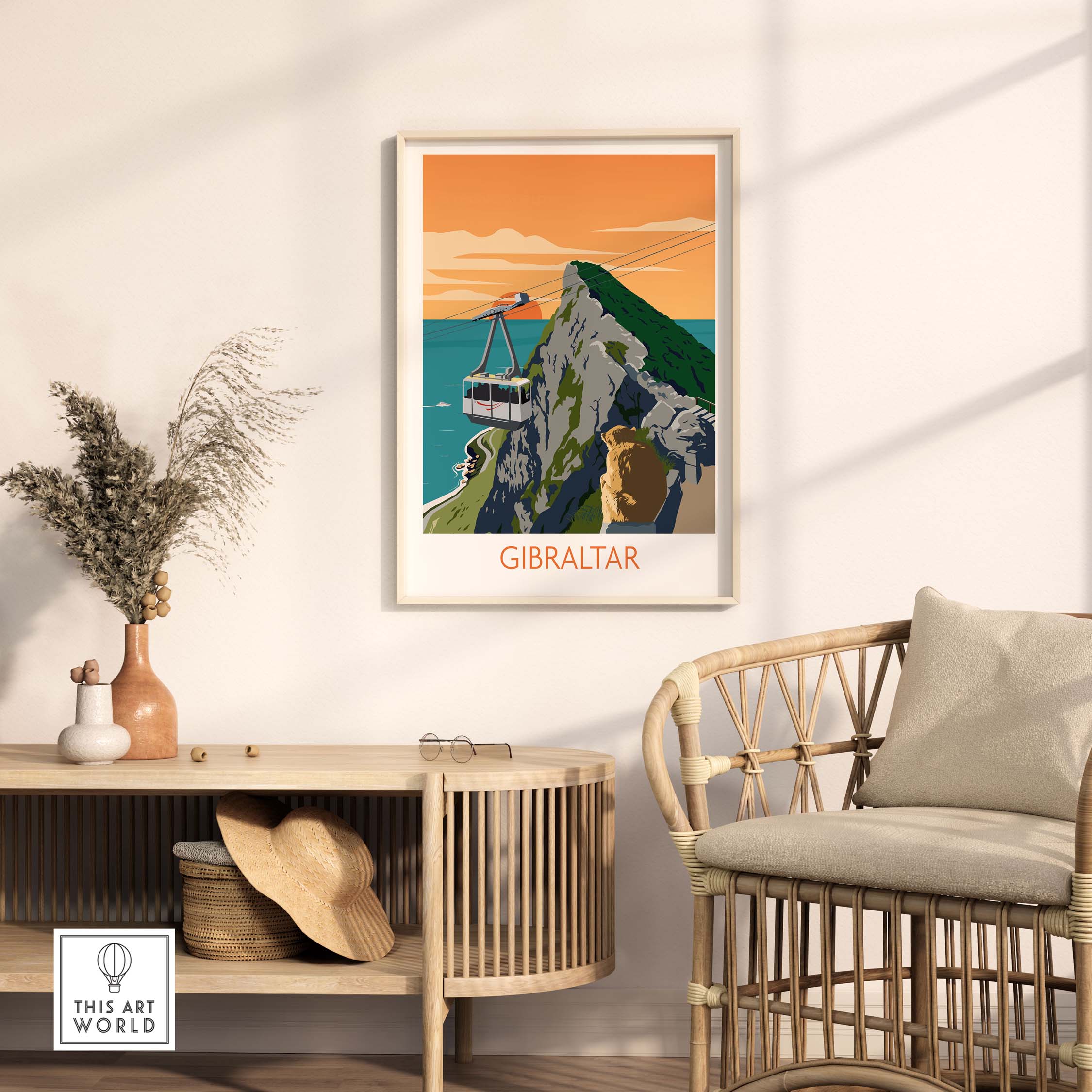 Gibraltar Travel Poster Art Print displayed in a stylish living room setting, showcasing vibrant colors and vintage design.
