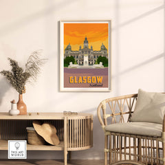 Framed Glasgow poster print featuring Scottish architecture, perfect for travel art lovers and stylish home decor.