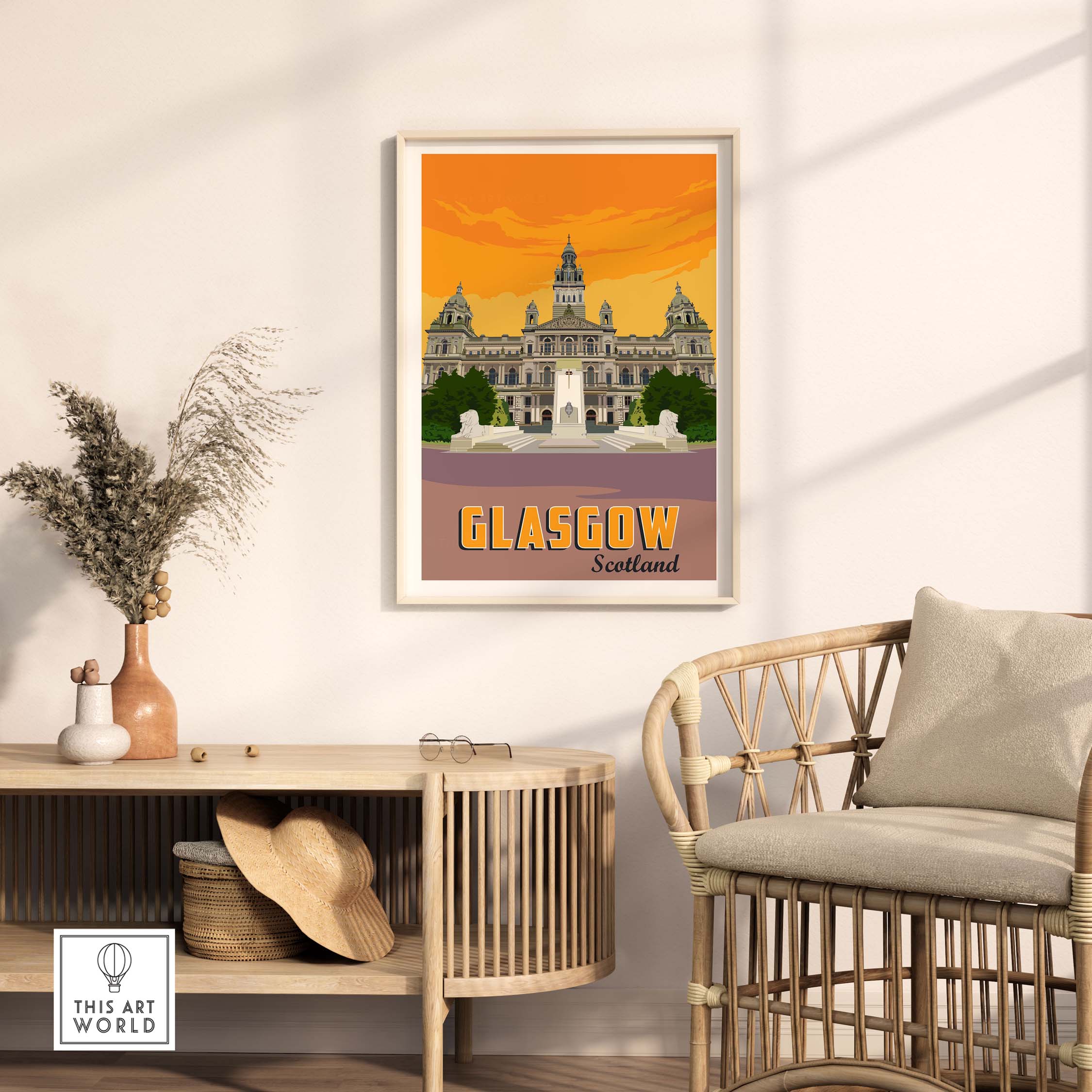 Framed Glasgow poster print featuring Scottish architecture, perfect for travel art lovers and stylish home decor.