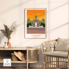 Glasgow Travel Poster Art Print featuring a vintage style depiction of Glasgow's architecture in a stylish living room setting.