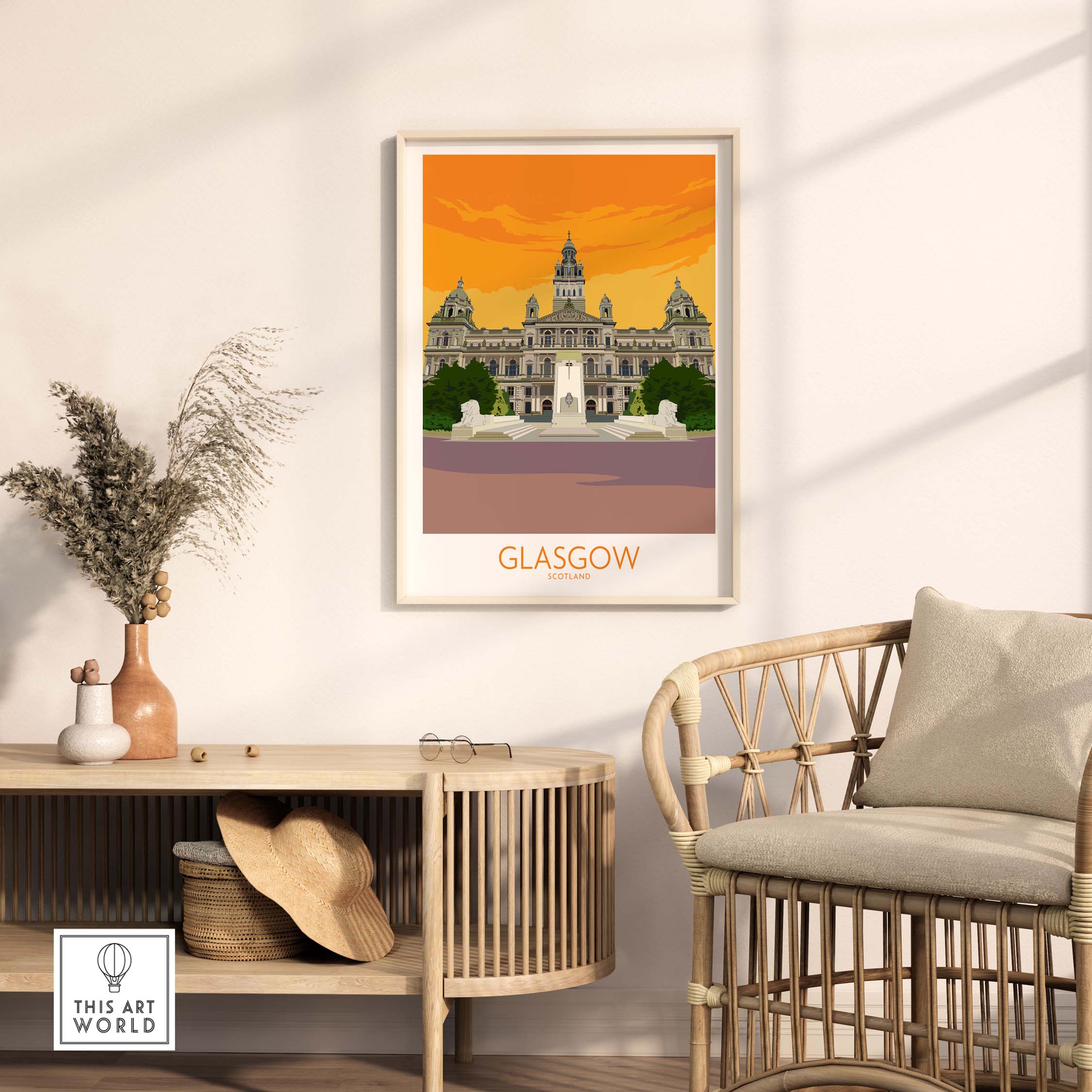 Glasgow Travel Poster Art Print featuring a vintage style depiction of Glasgow's architecture in a stylish living room setting.