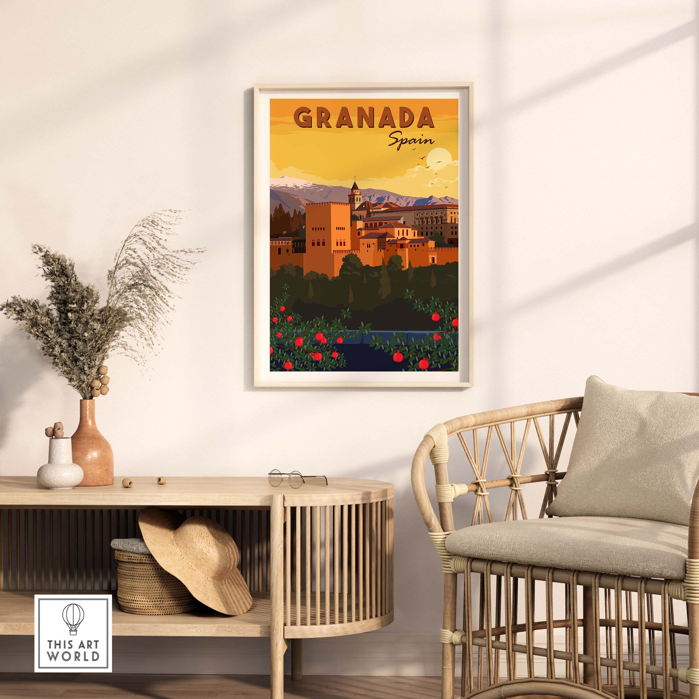 Granada Wall Art Print showcasing a vintage style view of Spain's landmarks, perfect for home or office decor.
